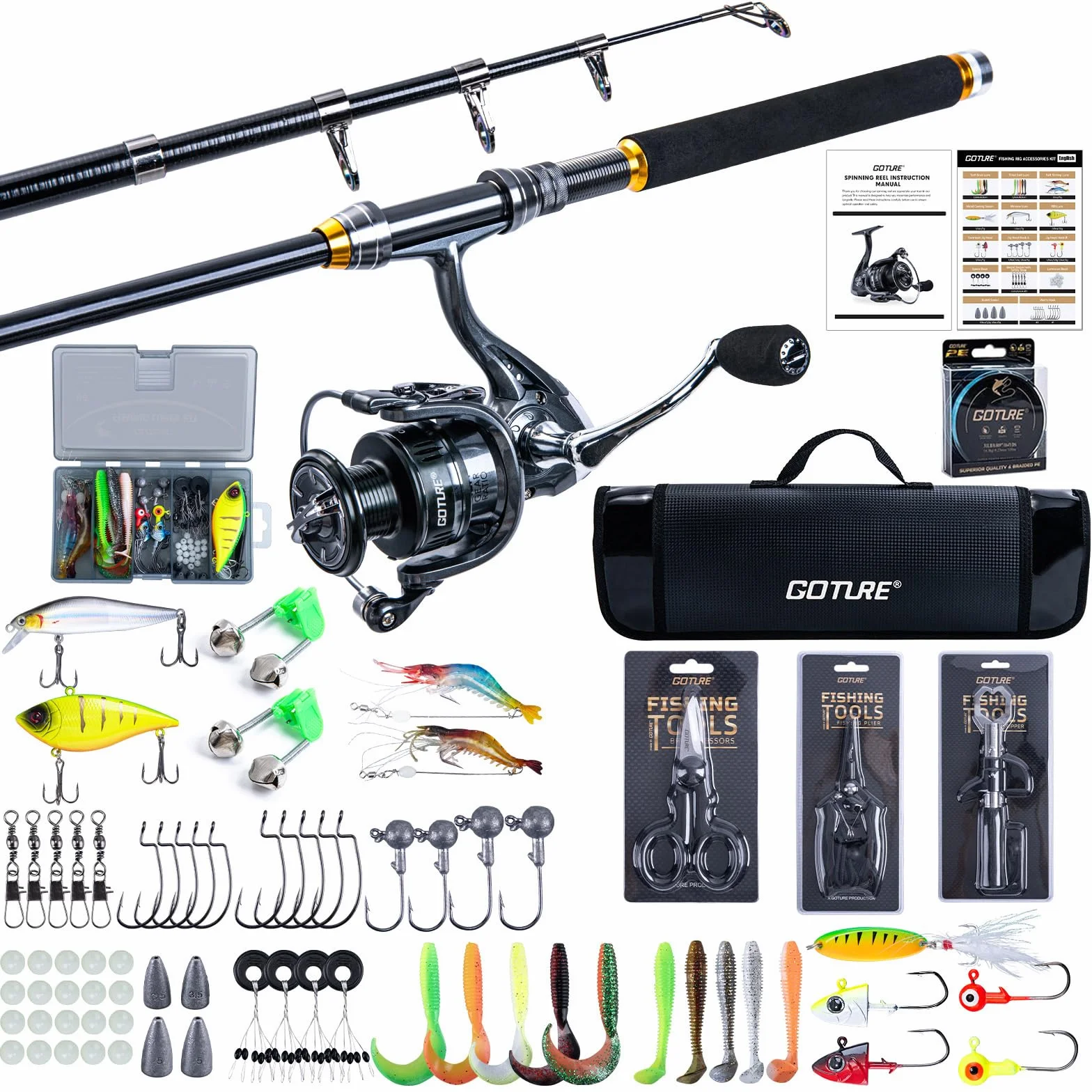 Telescopic Fishing Rod and Reel Combo with Carrier Bag,1.8M-2.7M | Carbon Fiber Pole,5.2:1 Spinning Reel,Line,Pliers,Fish Gripper,Scissors,Lures Set, for Starter Travel Saltwater Freshwater