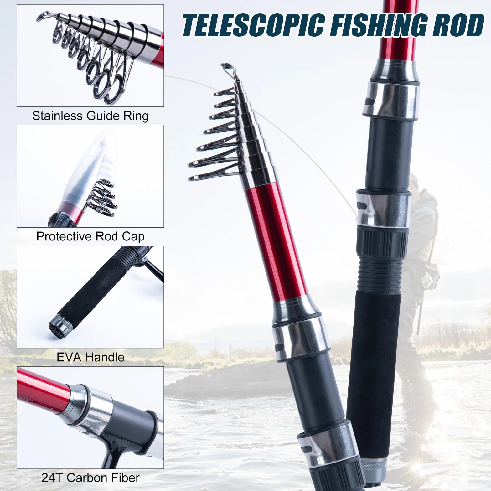 2-Pack Fishing Rod and Reel Combo with Carrier Bag,1.8M-2.7M | 2PCS Telescopic Fishing Pole,2PCS Spinning Reel,Line,Lures,Pliers,Gripper, for Saltwater and Freshwater Travel,Starter Kit