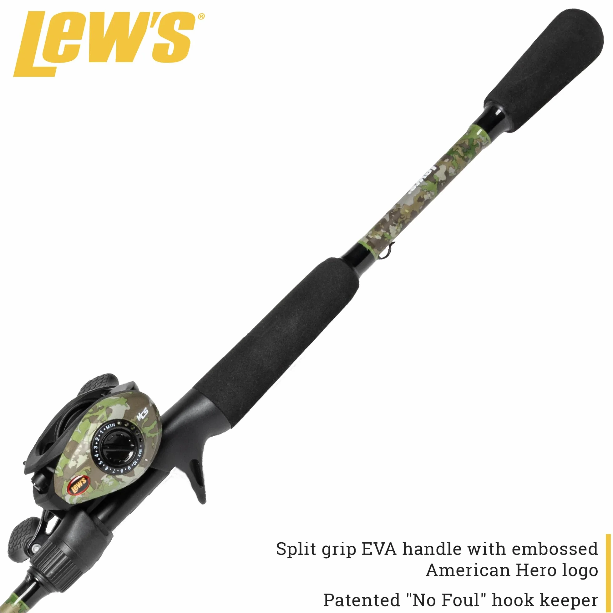 American Hero Camo Baitcast Reel and Fishing Rod Combo, 7-Foot 1-Piece Medium-Heavy Power IM7 Graphite Rod, 7.5:1 Gear Ratio, One-Piece Graphite Frame, Right-Hand Retrieve, Camo/Black