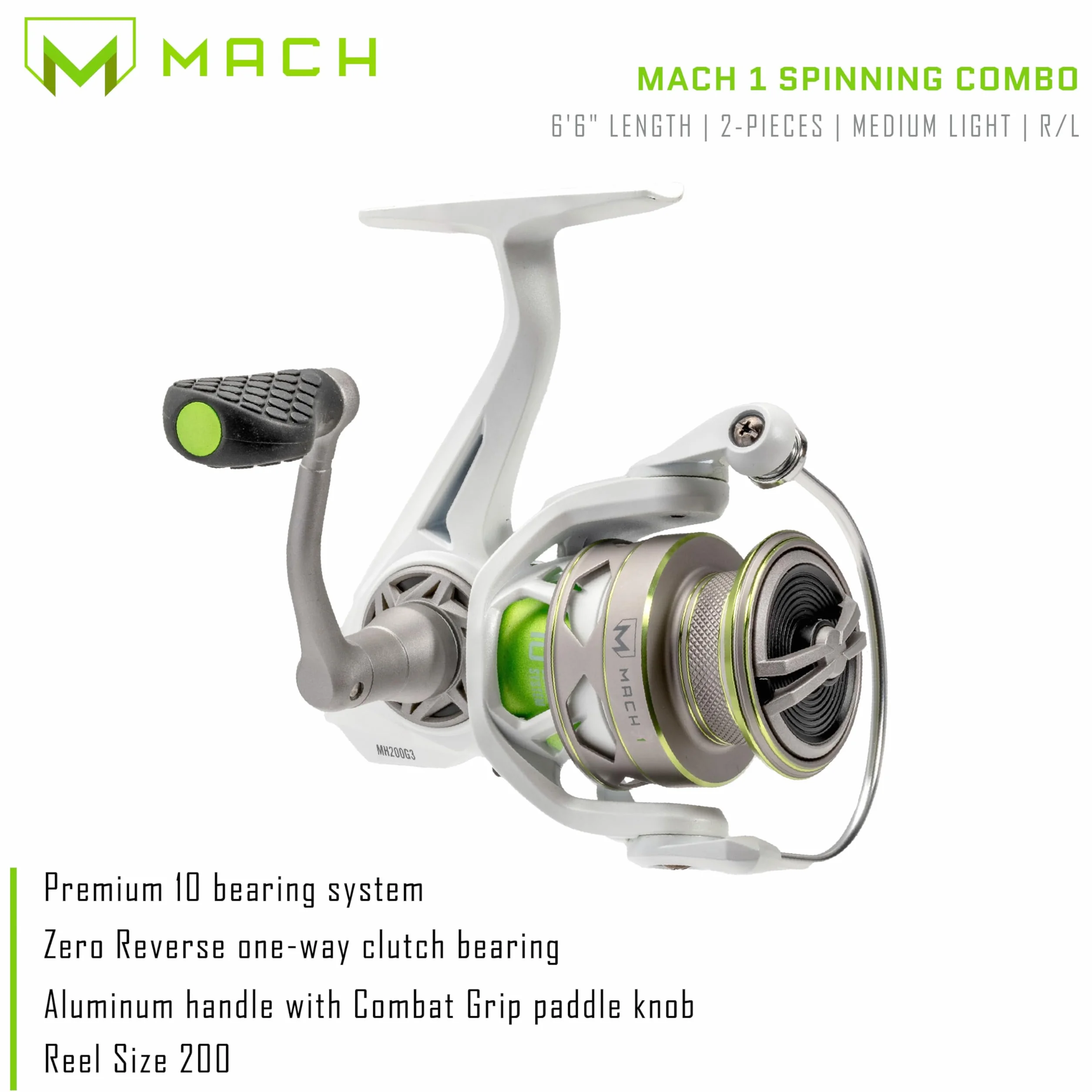MACH 1 Spinning Fishing Reel, 9+1 Bearings, Graphite Frame, Speed Gears, Speed Lube, Multi-Disc Drag, Metallic White/Gray/Green
