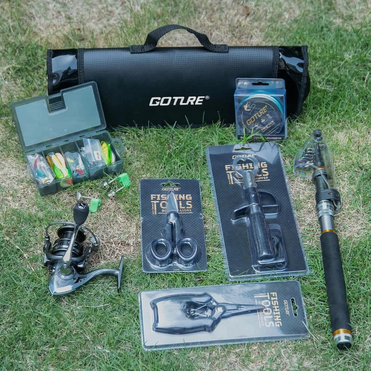 Telescopic Fishing Rod and Reel Combo with Carrier Bag,1.8M-2.7M | Carbon Fiber Pole,5.2:1 Spinning Reel,Line,Pliers,Fish Gripper,Scissors,Lures Set, for Starter Travel Saltwater Freshwater