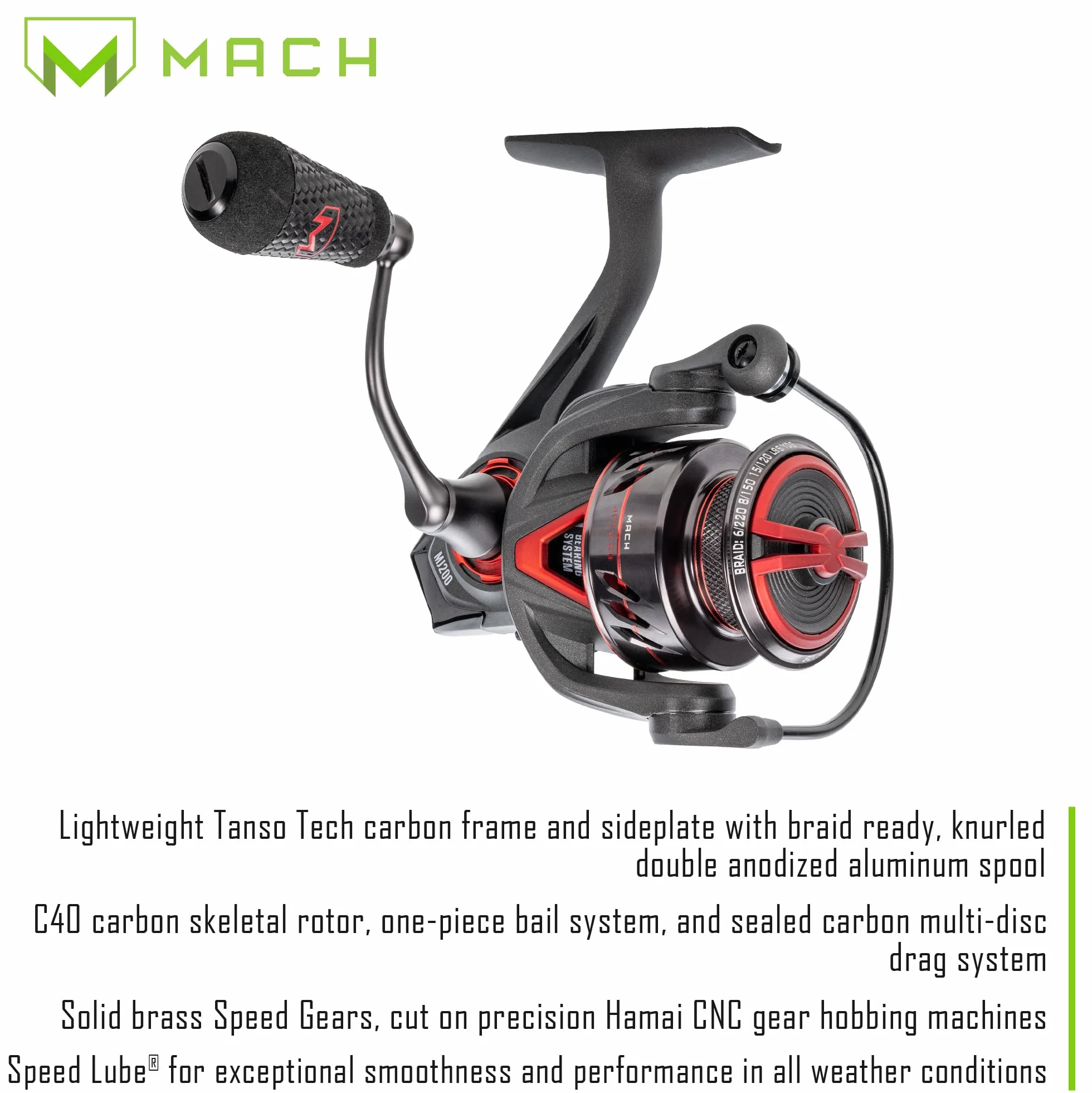 MACH Jacked Spinning Reel and Fishing Rod Combo, HM50 Graphite Rod, Tanso Tech Frame, Black/Red