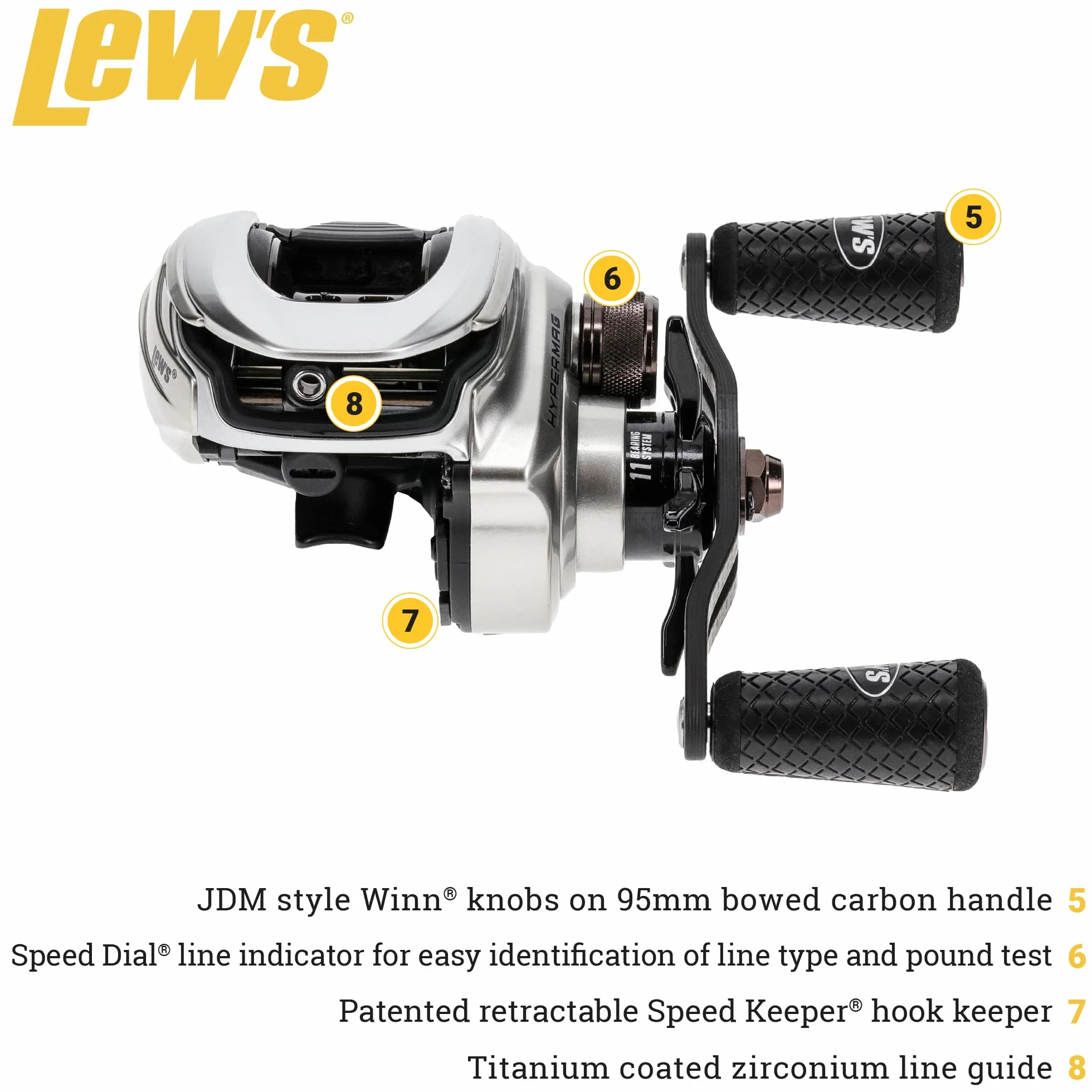 HyperMag Baitcast Fishing Reel, 10+1 Double Shielded Bearings, Magnesium Frame, Carbon Fiber Drag, Silver
