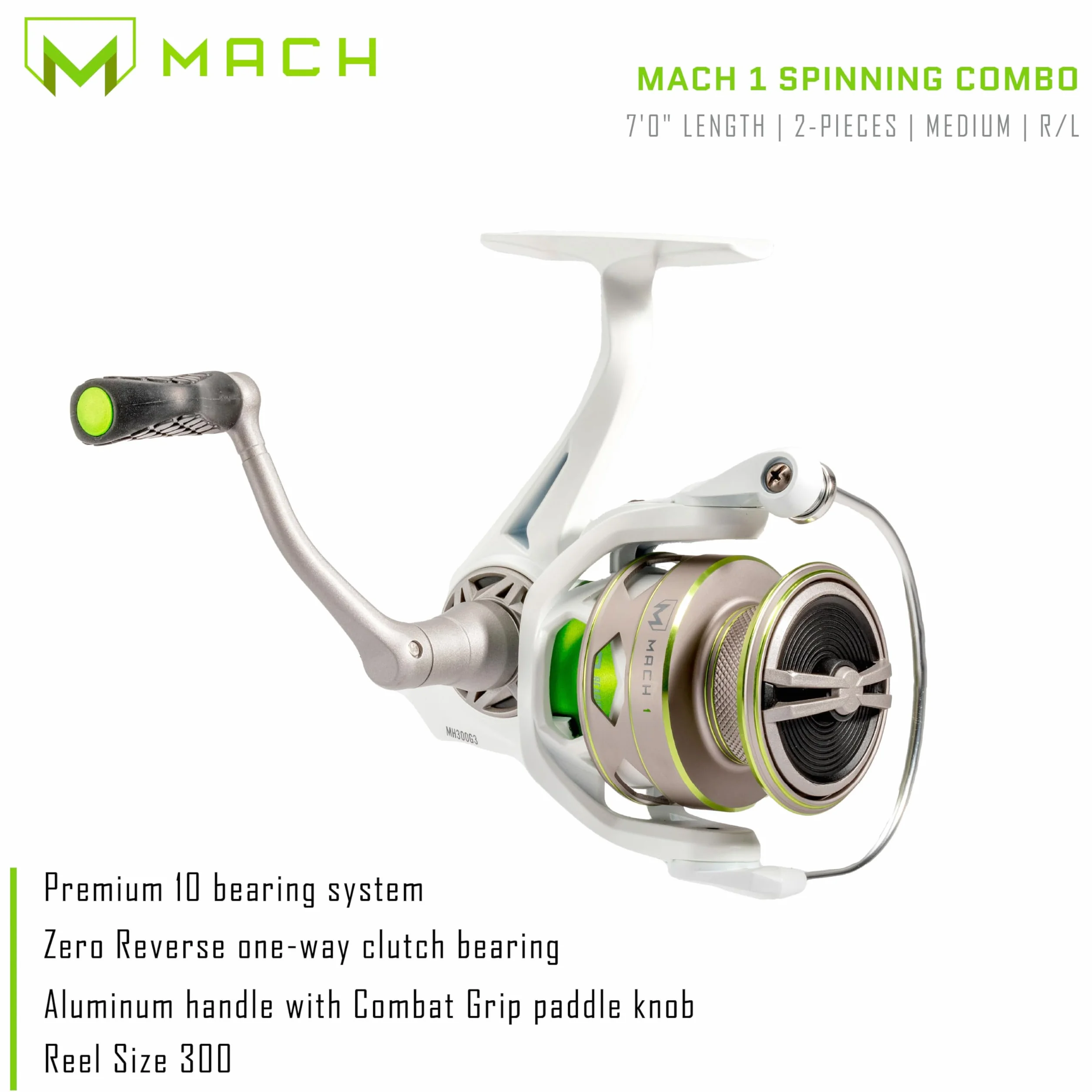MACH 1 Spinning Reel and Fishing Rod Combo, 7-Foot 2-Piece Graphite Rod, Medium Power Fast Action, Size 300 Reel, 6.2:1 Gear Ratio