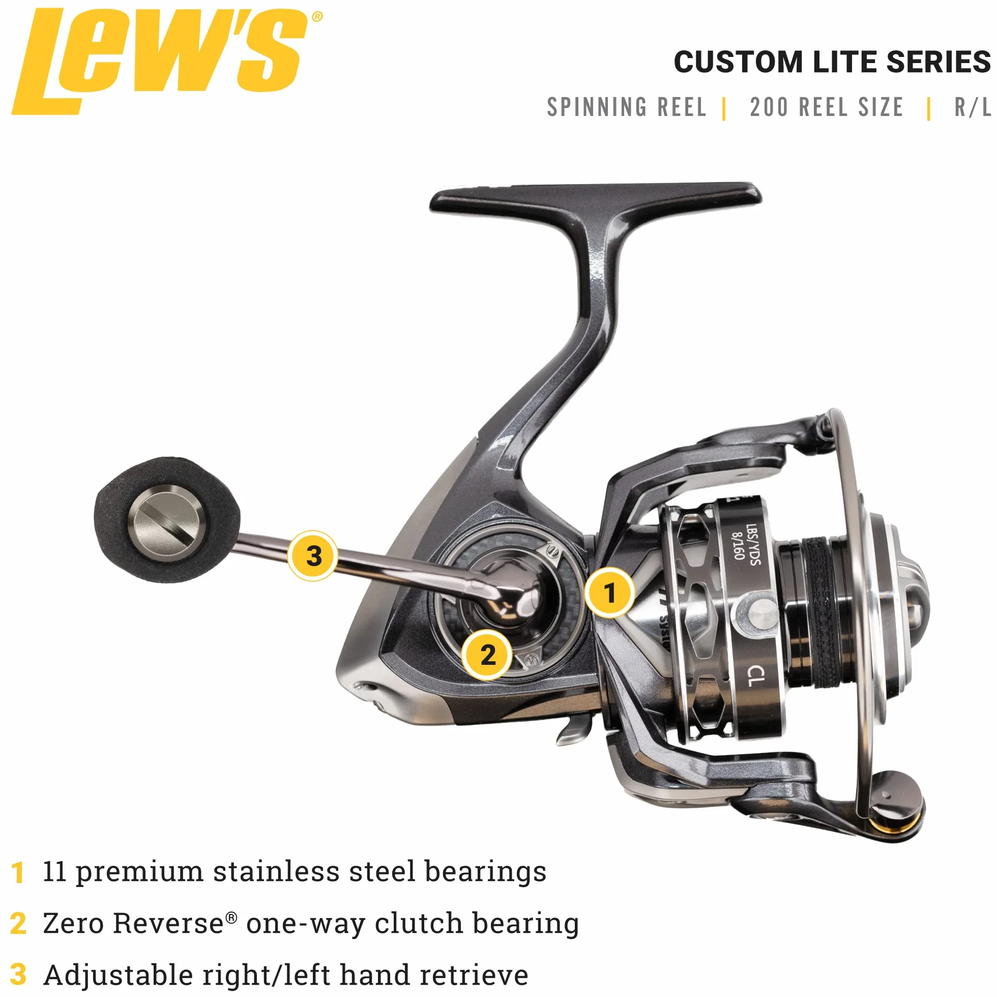 Custom Lite Spinning Fishing Reel, 10+1 Stainless Steel Ball Bearings, Right or Left-Hand Retrieve, Carbon Grey