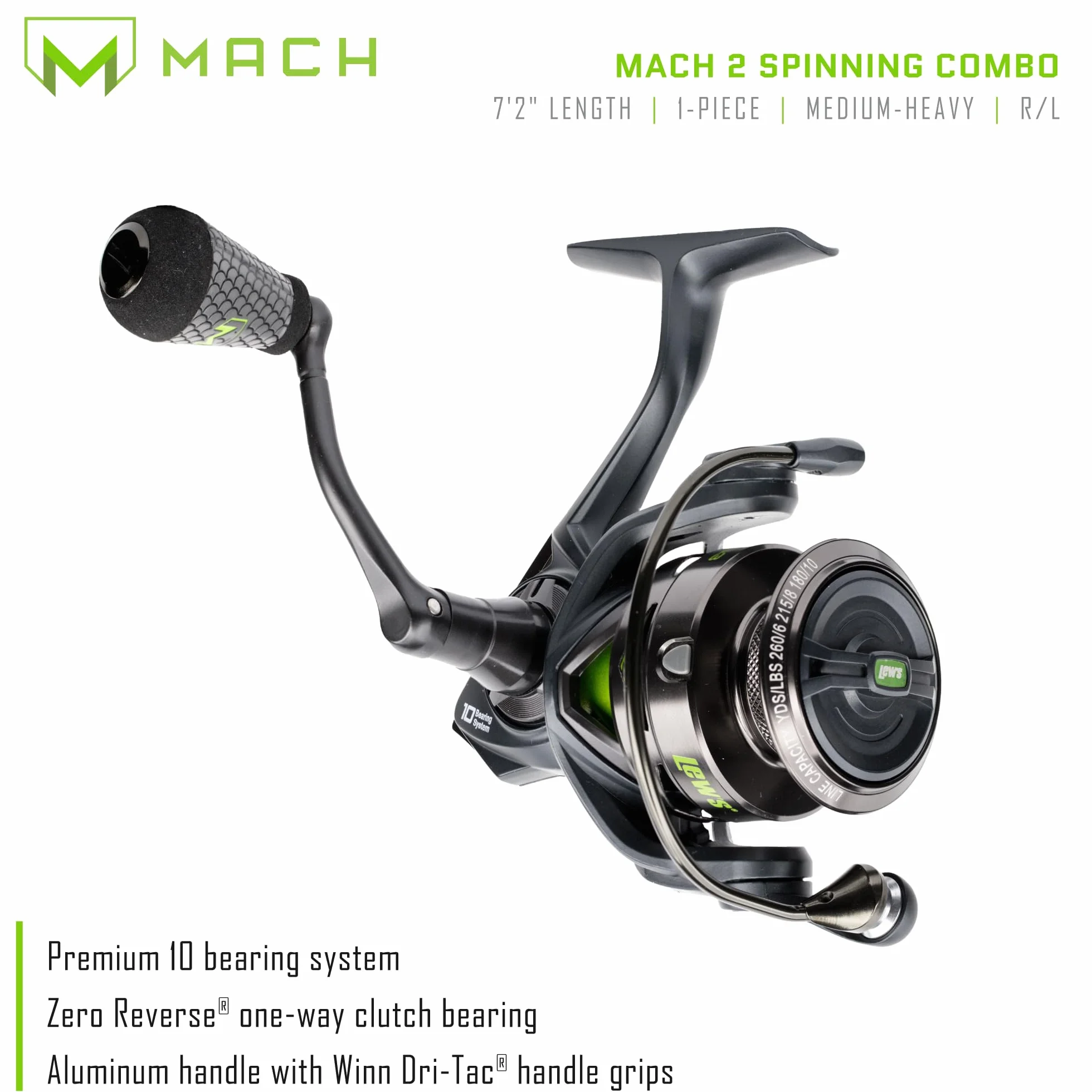 MACH 2 Spinning Reel and Fishing Rod Combo, IM8 Graphite Blank Fishing Rod, Right or Left-Hand Retrieve, Winn Dri-Tac Ultra Handle, Black/Green