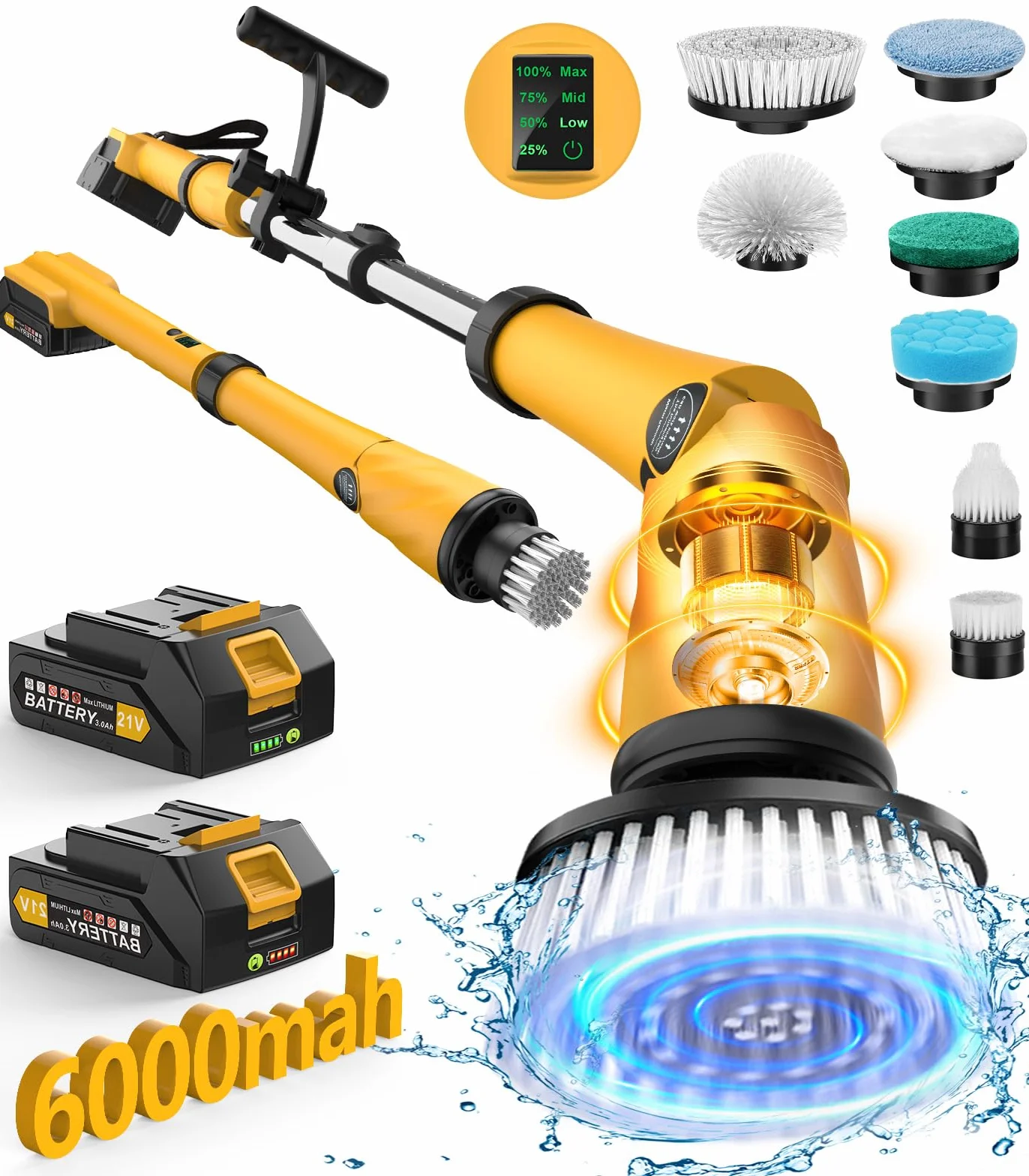 Electric Spin Scrubber Q3, 6000mAh, Extra-Large Brush Head, 1200RPM | Floor Scrubber Machine with Long Handle, Cordless Cleaning Brush, 8 Brush Heads and Smart Display for Showers, Tubs and Tile