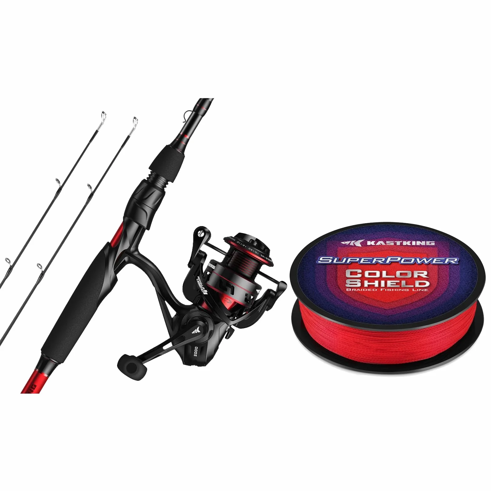 Royale Legend II Spinning Fishing Combos, 6'9'' ML Twin Tips Rod, Size 2000, Superpower ColorShield Braided Fishing Line, Red, 30LB, 150Yards
