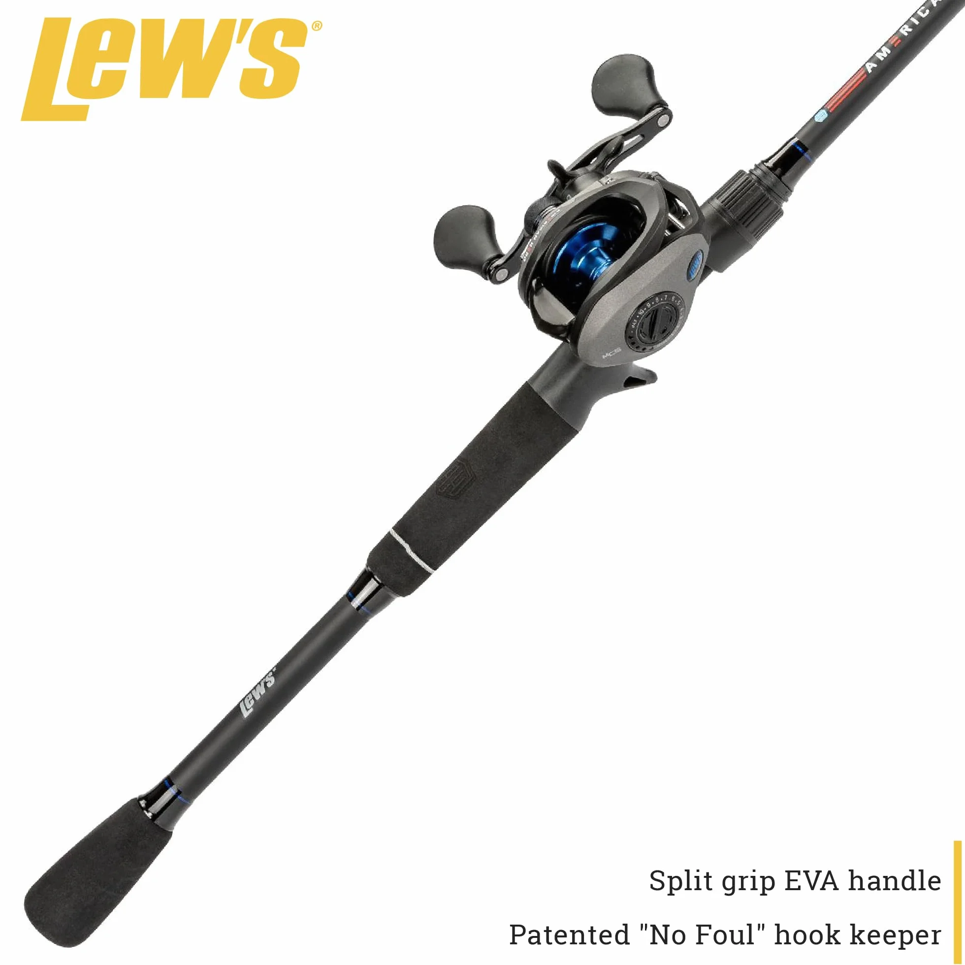 American Hero Baitcast Reel and Fishing Rod Combo, 1-Piece Medium-Heavy Power Fast Action IM6 Graphite Rod, 7.5:1 Gear Ratio, Gray/Black/Blue