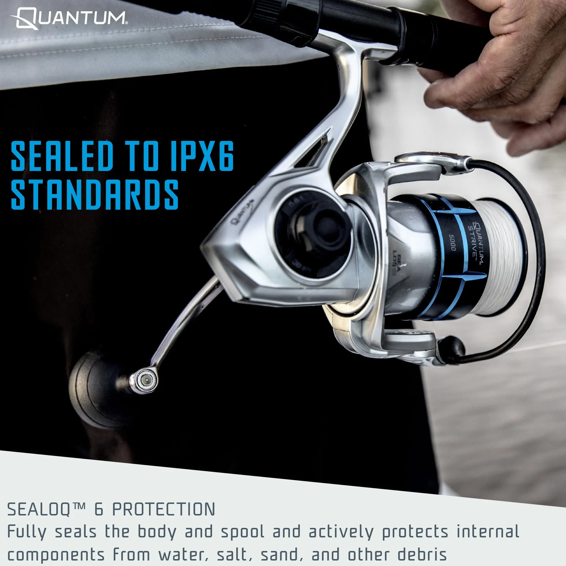 Strive Spinning Fishing Reel, Rigid Aluminum Frame, Graphite Rotor, Sealed Design, CFX200 Carbon Fiber Xtreme Drag, Silver/Blue