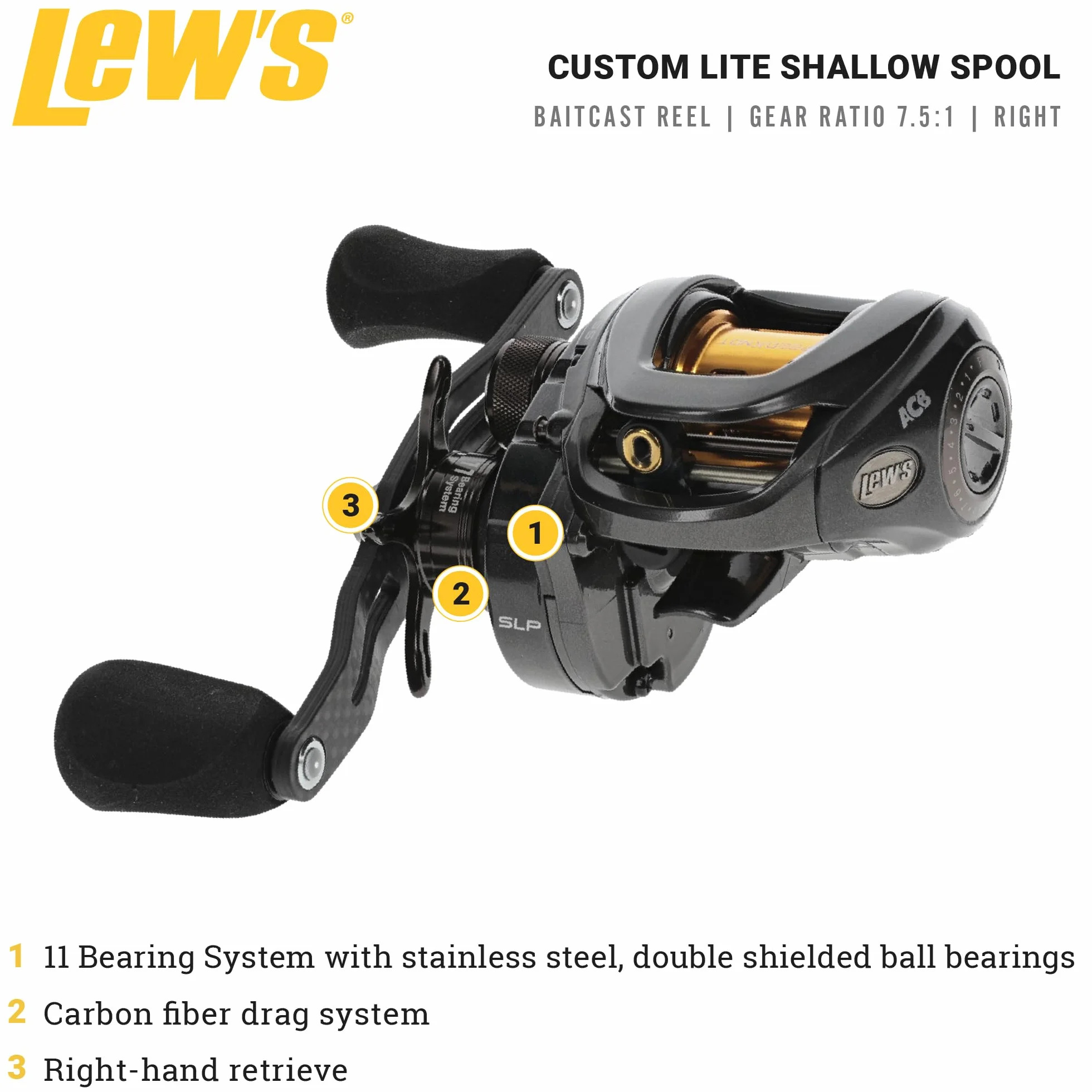 Custom Lite SS Baitcast Fishing Reel, 10+1 Double Shielded Bearings, 7.5:1 Gear Ratio, Super Shallow 30 mm Spool, Tanso Tech Frame, Carbon Fiber Drag, Carbon Gray