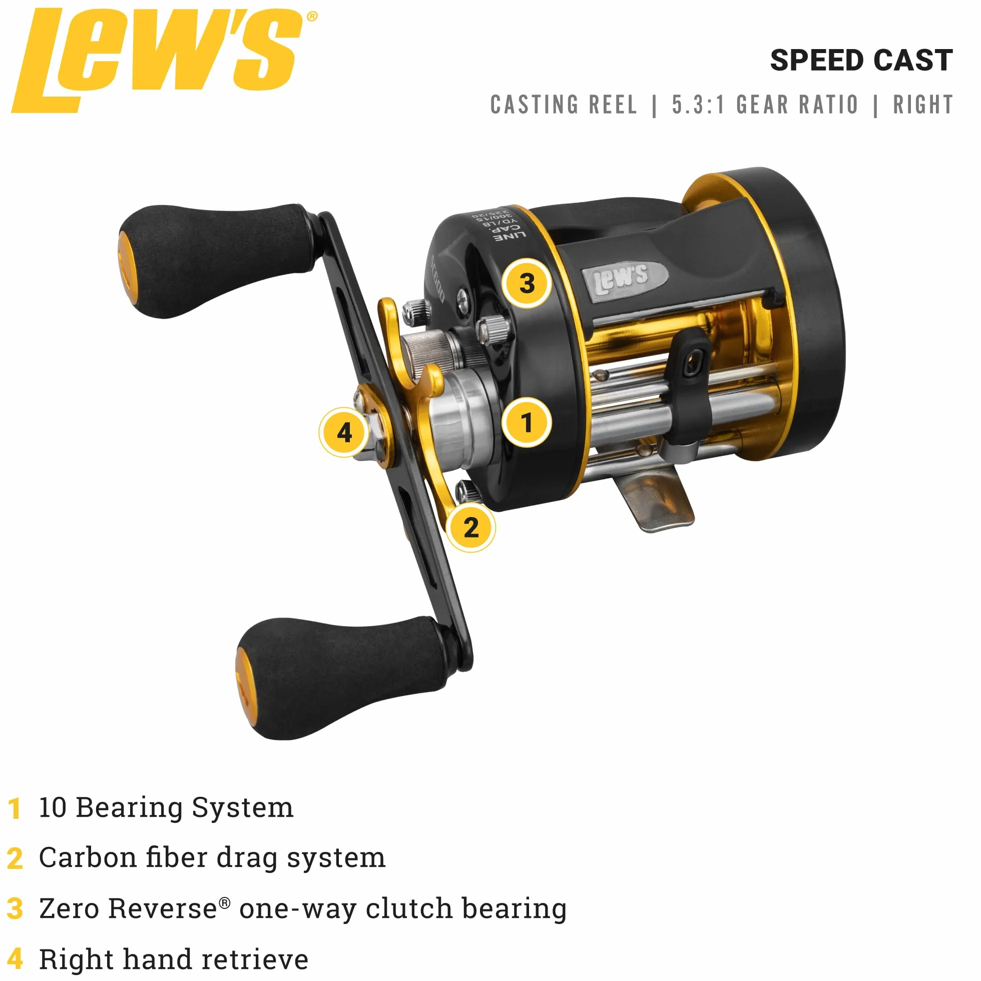 Speed Cast 5.3:1 Right Hand Casting Reel, Black/Gold
