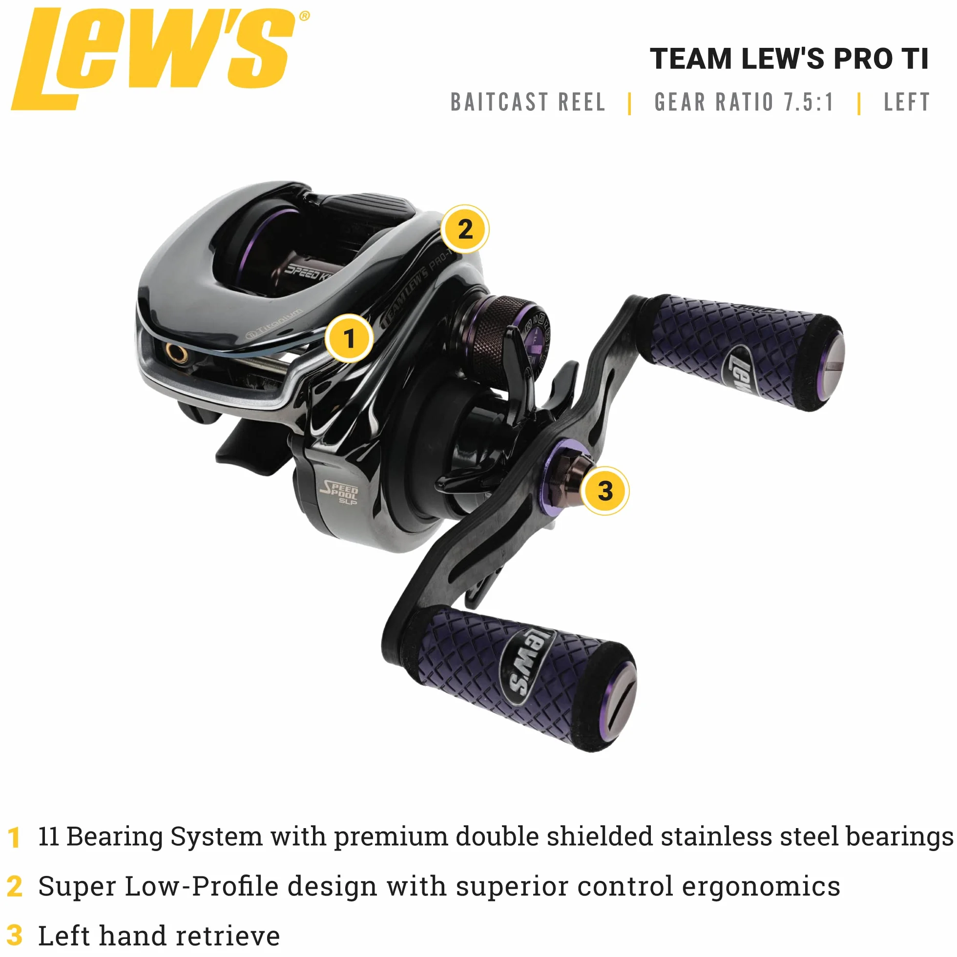 Team Pro-Ti Baitcast Reel, 10+1 Stainless Steel Ball Bearings, 7.5:1 Gear Ratio, Left-Hand Retrieve, Titanium Gray/Purple