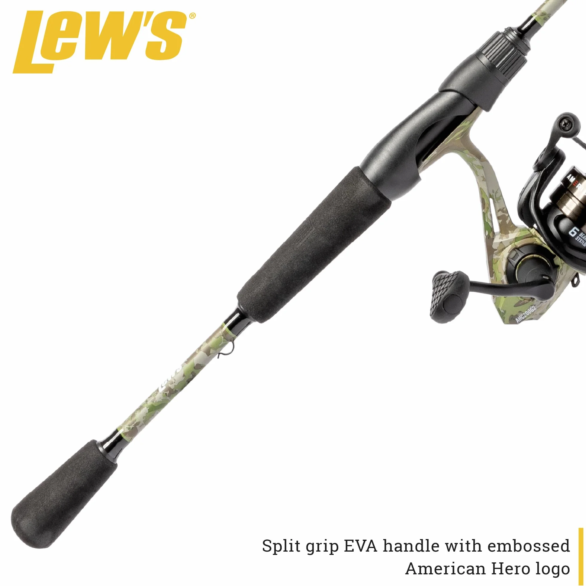 American Hero Camo Spinning Reel and Fishing Rod Combo, IM7 Graphite Rod, Interchangeable Retrieve, Camo/Black