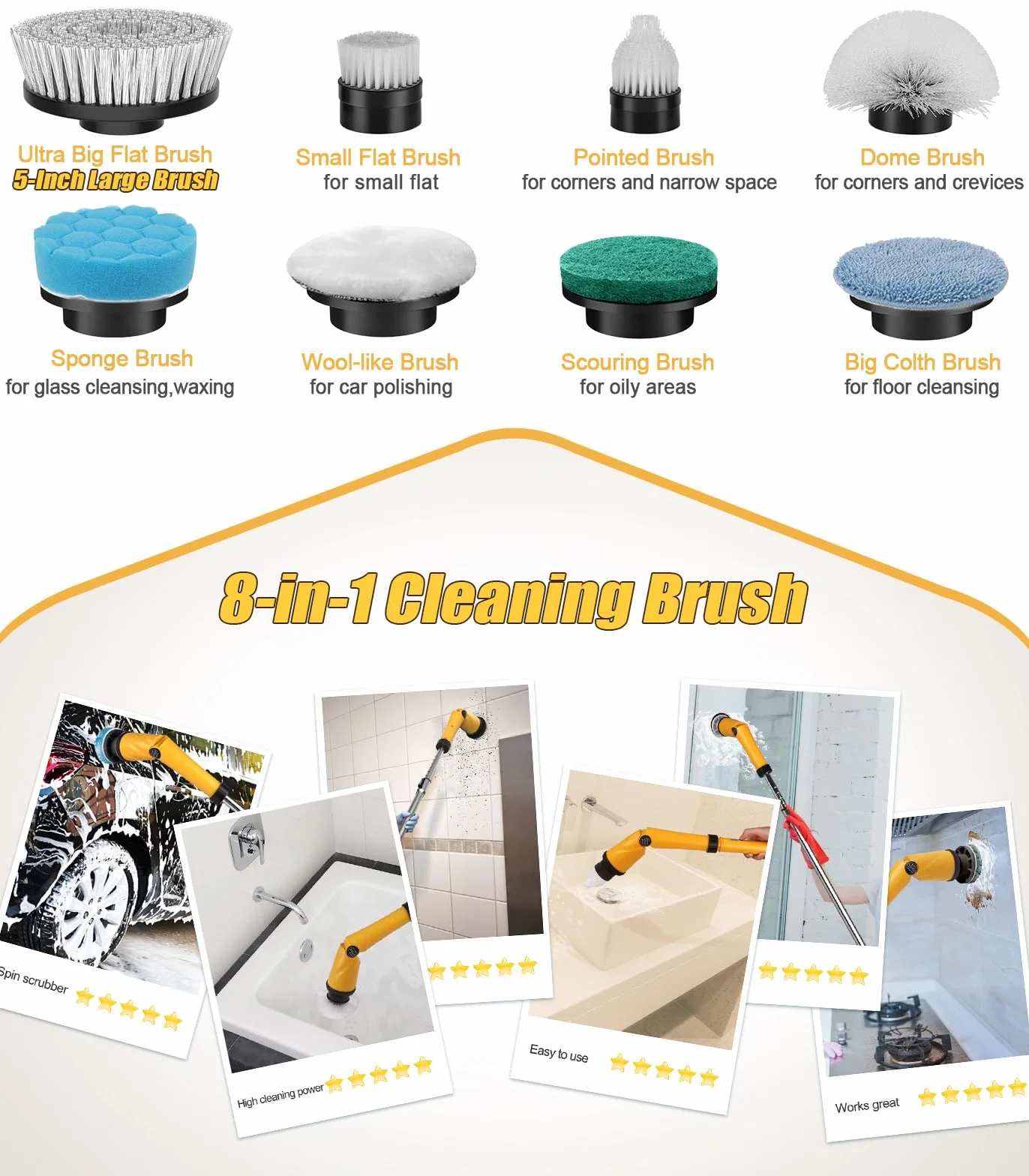 Electric Spin Scrubber Q3, 6000mAh, Extra-Large Brush Head, 1200RPM | Floor Scrubber Machine with Long Handle, Cordless Cleaning Brush, 8 Brush Heads and Smart Display for Showers, Tubs and Tile