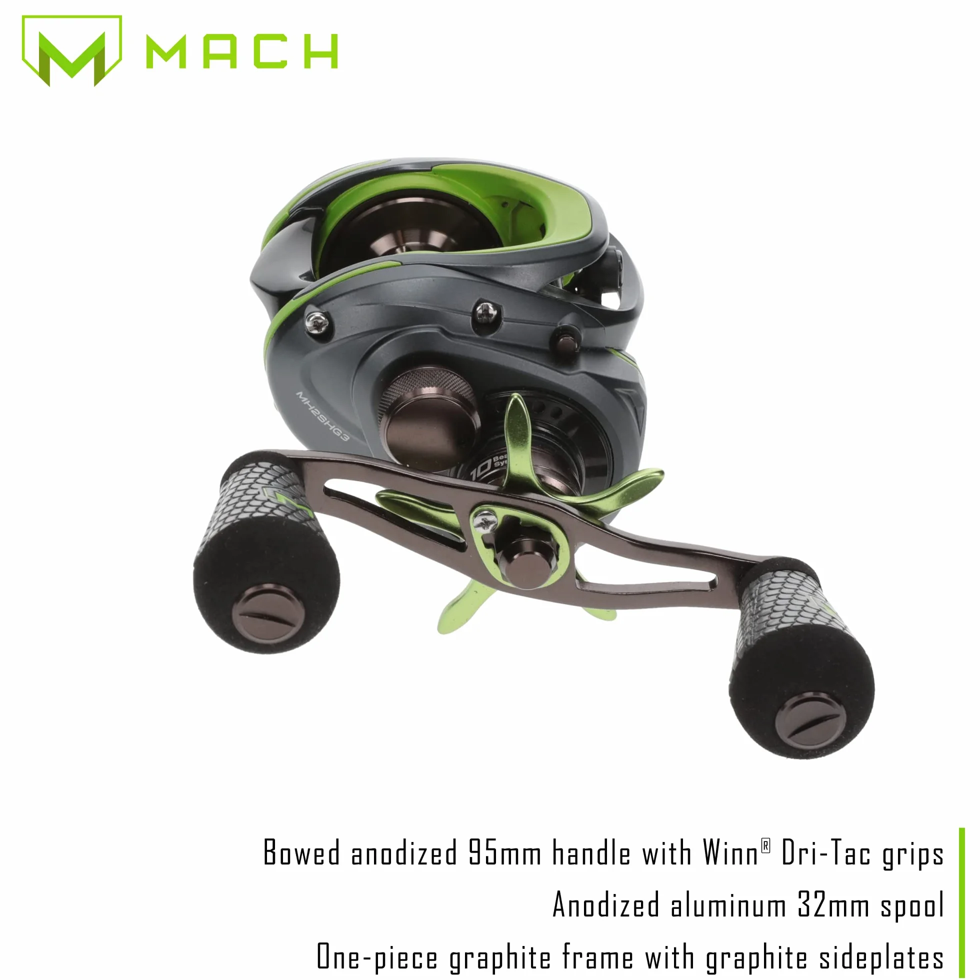 MACH 2 Baitcast Fishing Reel, 7.5:1 Gear Ratio, Graphite Frame, Premium 10 Bearing System, Black/Green