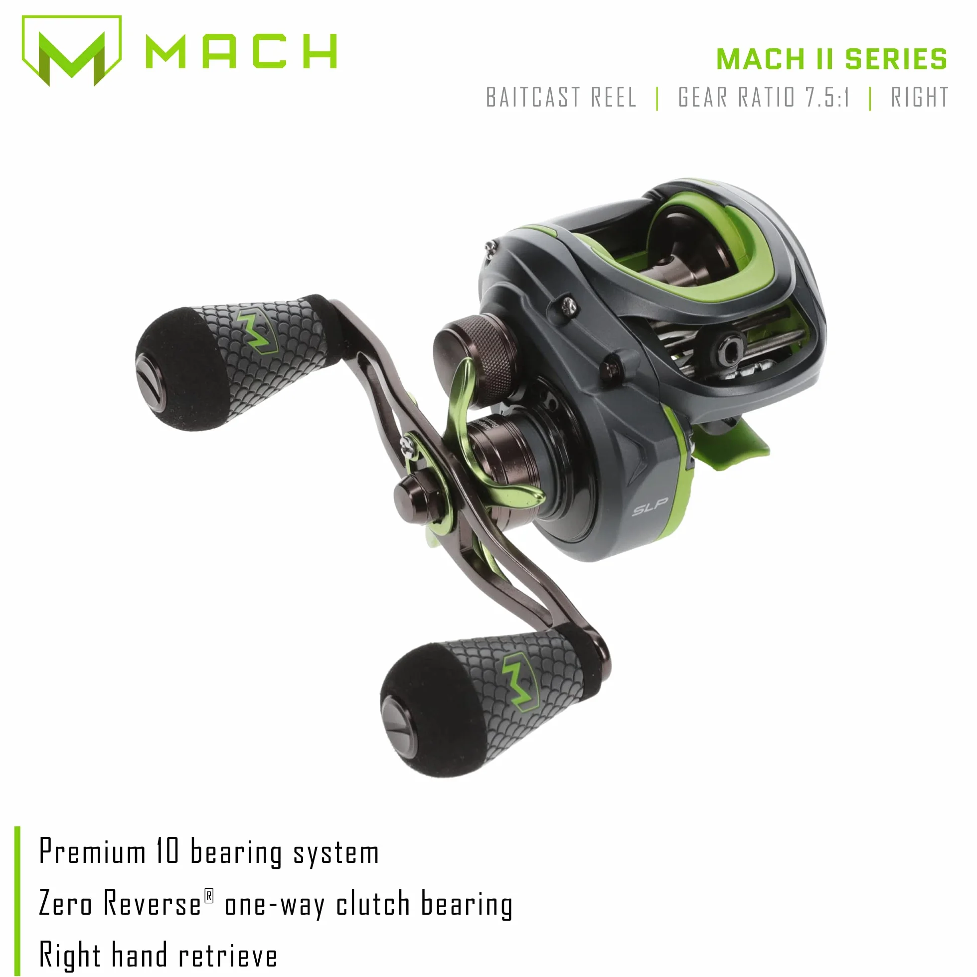 MACH 2 Baitcast Fishing Reel, 7.5:1 Gear Ratio, Graphite Frame, Premium 10 Bearing System, Black/Green