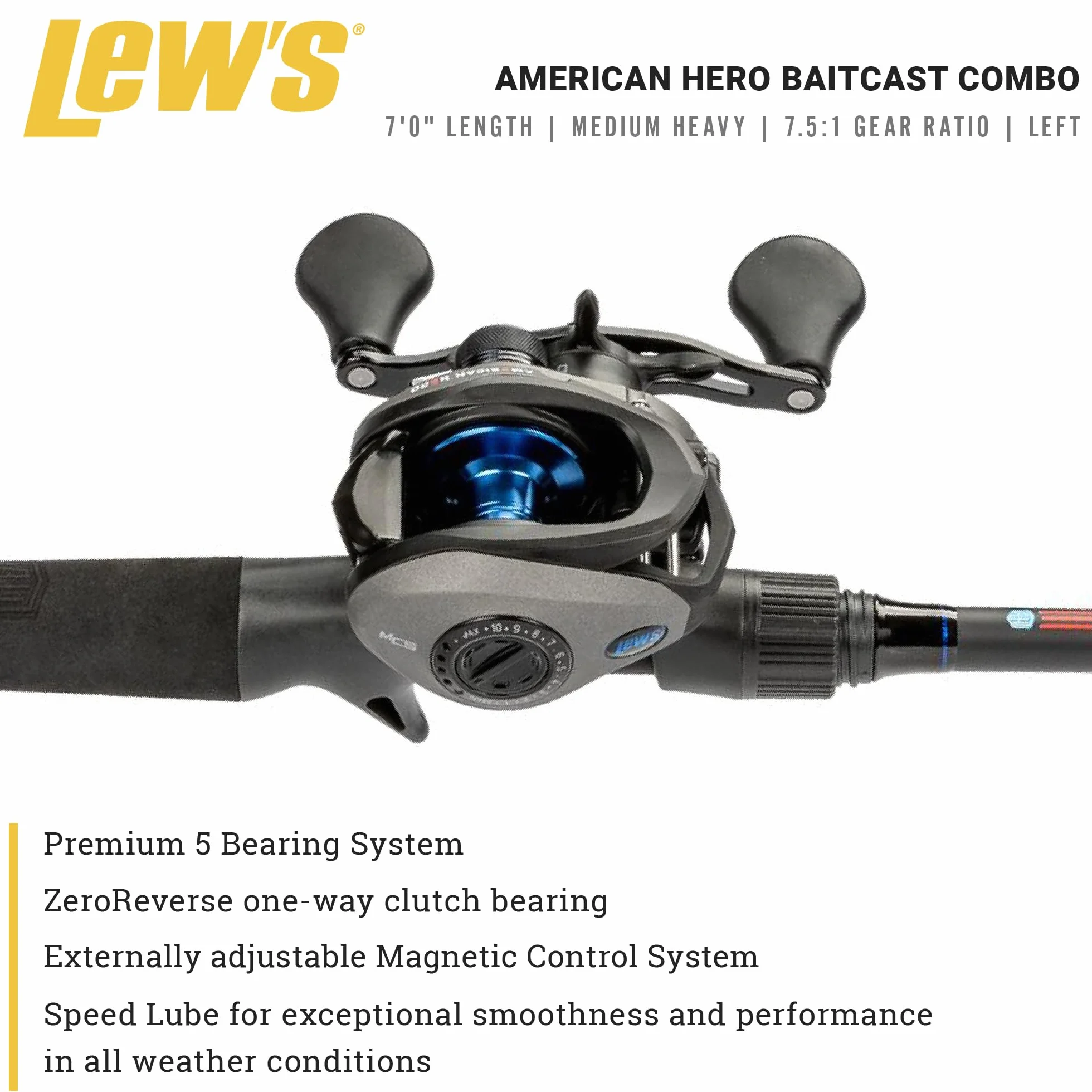 American Hero Baitcast Reel and Fishing Rod Combo, 1-Piece Medium-Heavy Power Fast Action IM6 Graphite Rod, 7.5:1 Gear Ratio, Gray/Black/Blue