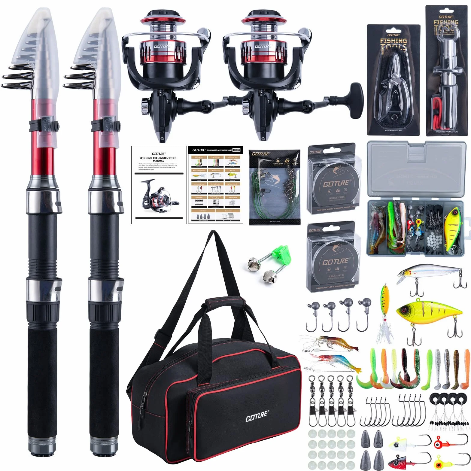 2-Pack Fishing Rod and Reel Combo with Carrier Bag,1.8M-2.7M | 2PCS Telescopic Fishing Pole,2PCS Spinning Reel,Line,Lures,Pliers,Gripper, for Saltwater and Freshwater Travel,Starter Kit