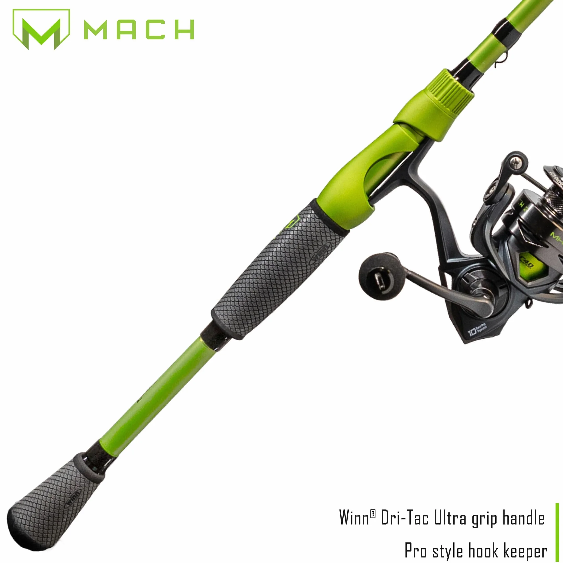 MACH 2 Spinning Reel and Fishing Rod Combo, 7-Foot 2-Piece IM8 Graphite Blank Rod, Size 300 Reel, Right or Left-Hand Retrieve, Black/Green