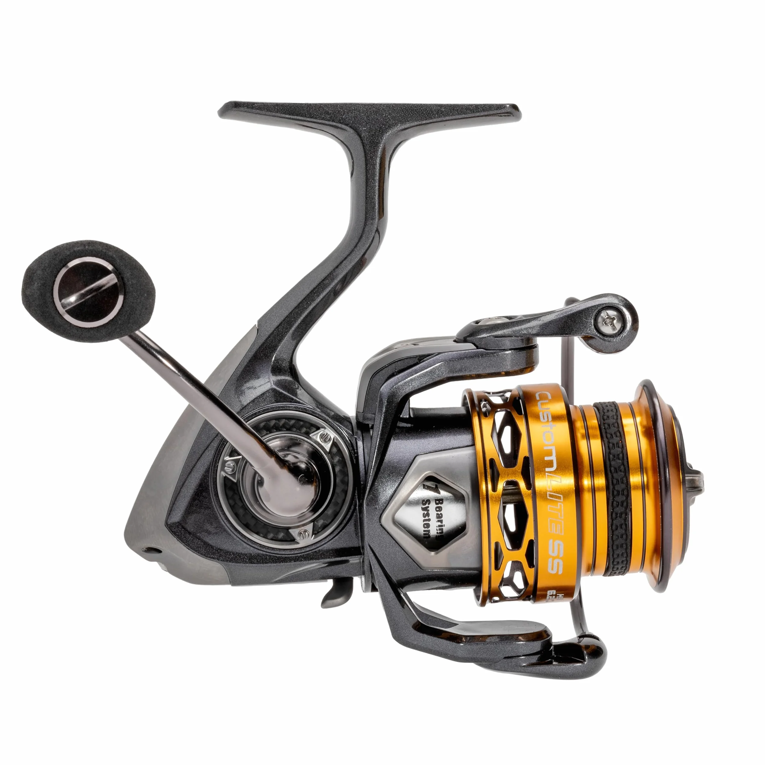 Custom Lite 200 SS Spinning Fishing Reel, Size 200 Reel, 10+1 Bearings, 6.2:1 Gear Ratio, Tanso Tech Frame, Shallow Spool, Aluminum Speed Gears, Hybrid Carbon Drag, Reversible Retrieve, Gray