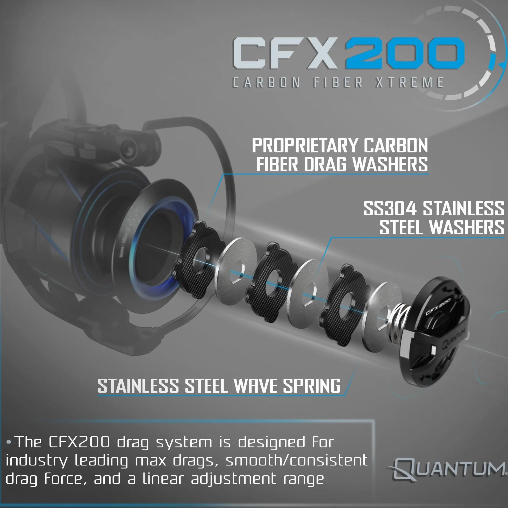 Strive Spinning Fishing Reel, Rigid Aluminum Frame, Graphite Rotor, Sealed Design, CFX200 Carbon Fiber Xtreme Drag, Silver/Blue