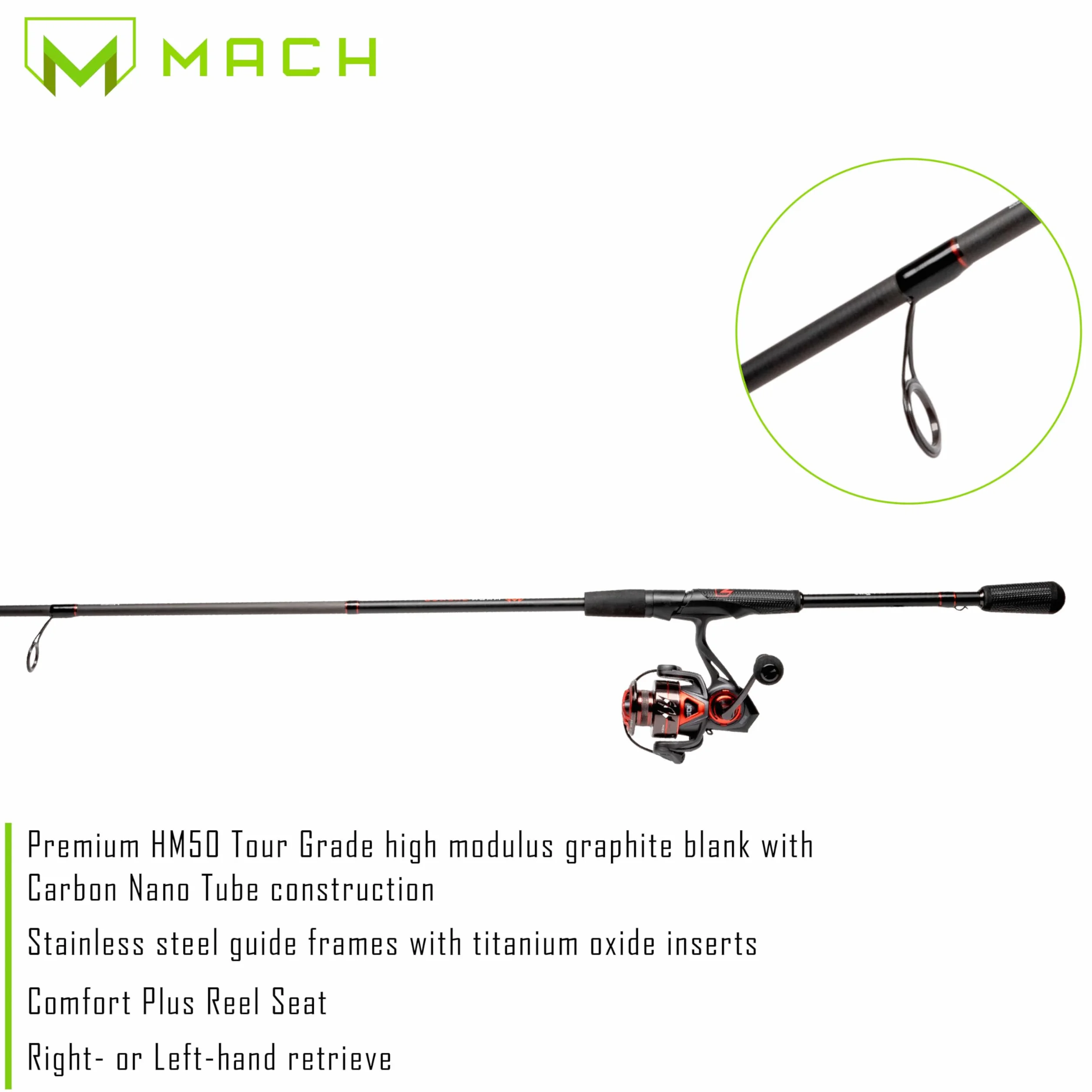 MACH Jacked Spinning Reel and Fishing Rod Combo, 7-Foot, 1-Piece HM50 Graphite Rod, Light Power with Fast Action, Size 100 Reel