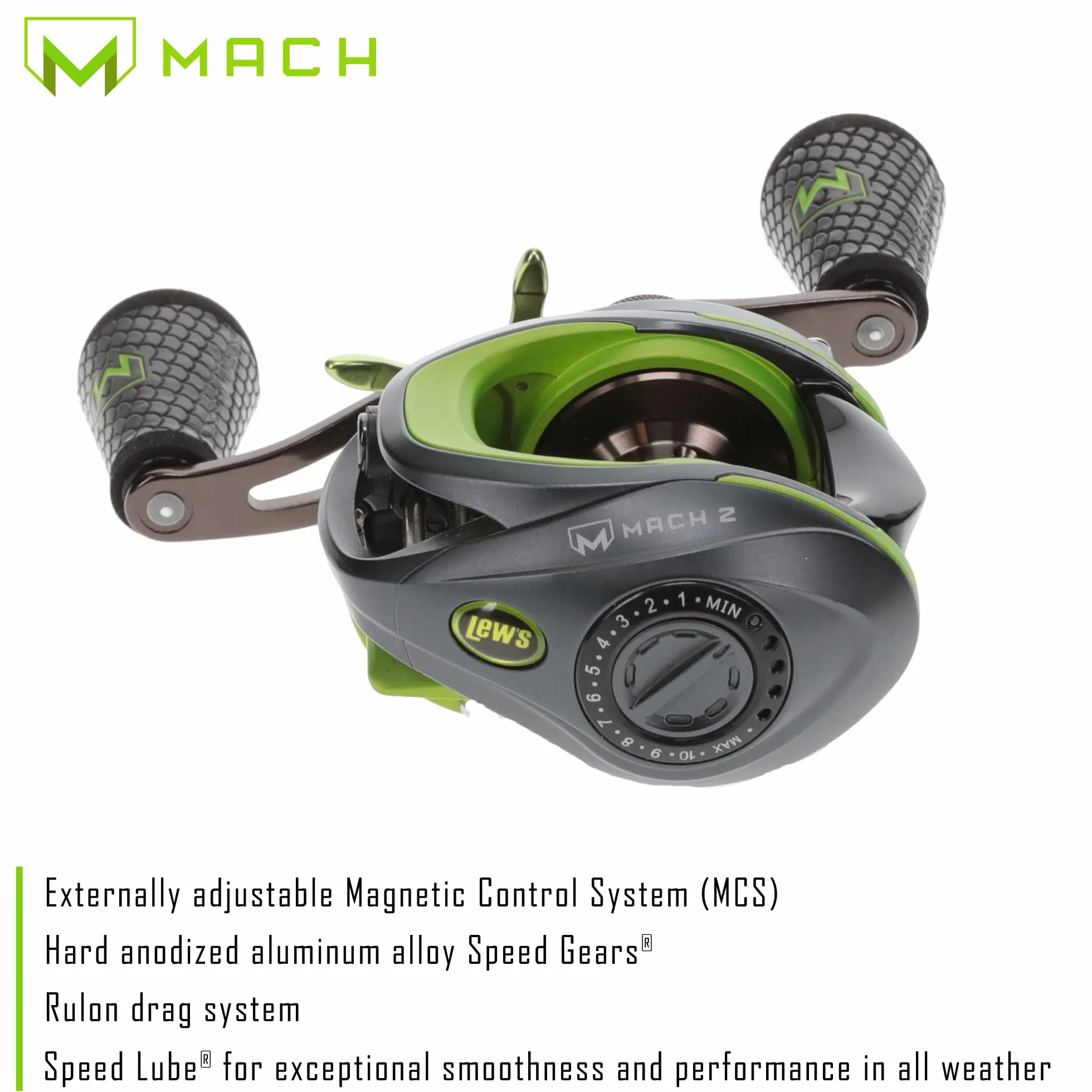 MACH 2 Baitcast Fishing Reel, 7.5:1 Gear Ratio, Graphite Frame, Premium 10 Bearing System, Black/Green