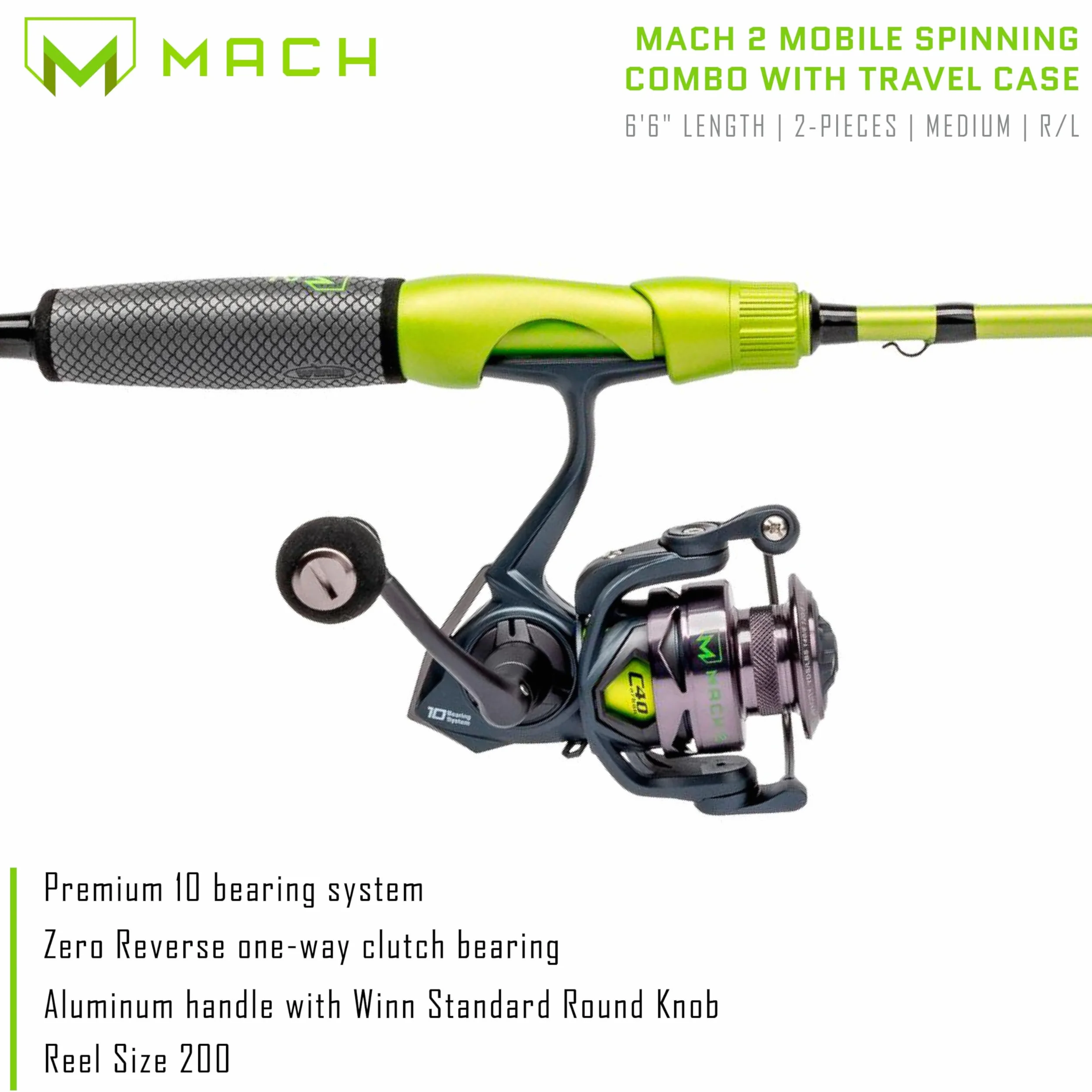 MACH 2 Mobile Spinning Reel and Fishing Rod Combo, 6-Foot 6-Inch 2-Piece IM8 Graphite Rod, Medium Power Fast Action, Size 200 Reel