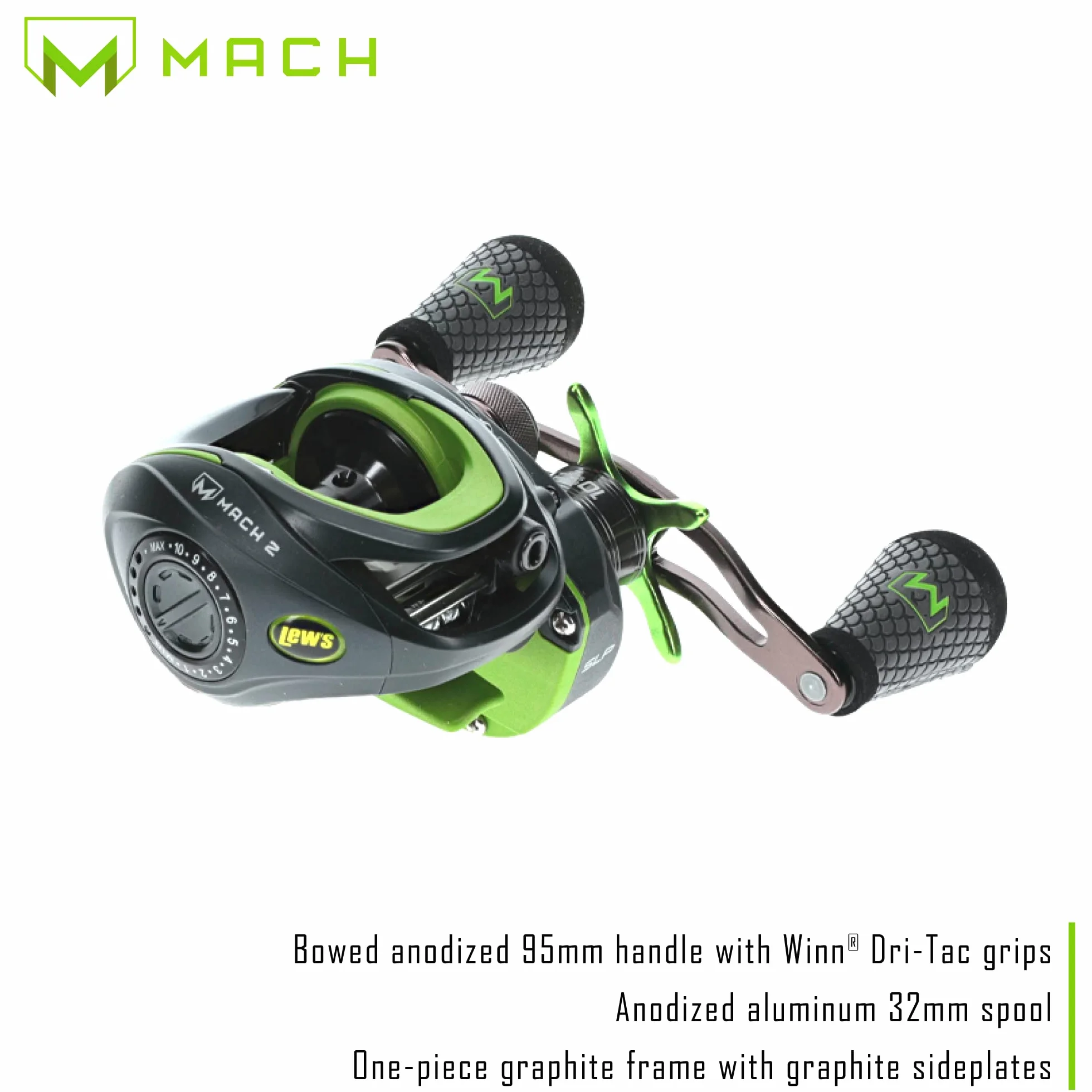 Mach 2 Baitcast Reel, 9+1 Stainless Steel Ball Bearings, 7.5:1 Gear Ratio, Left-Hand Retrieve, Black/Green