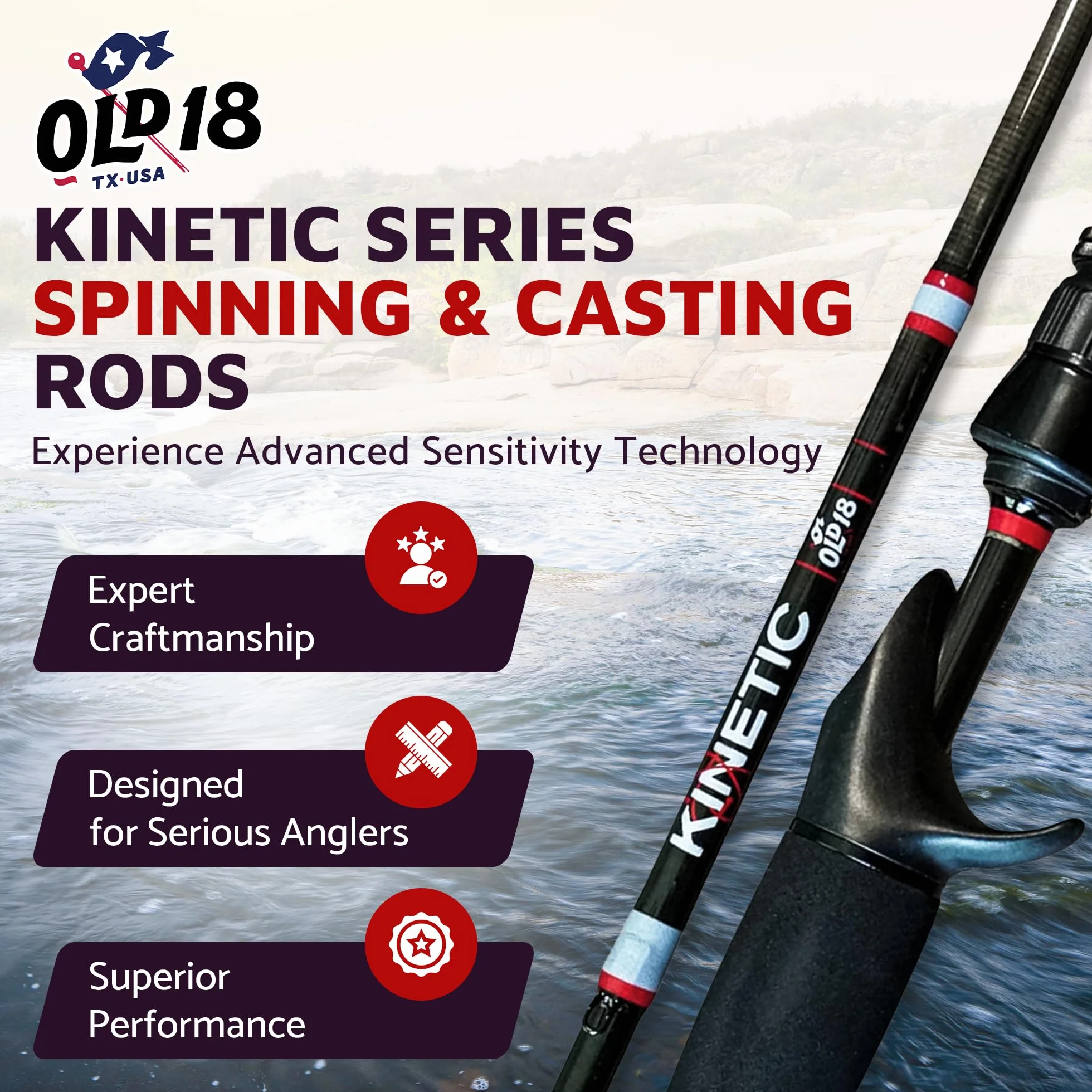 Kinetic Rod - 30-Ton Carbon, Enhanced Sensitivity for Precision Strikes, Coated Stainless Guides, Ideal for Freshwater and Inshore Species - Split Grip for Comfort