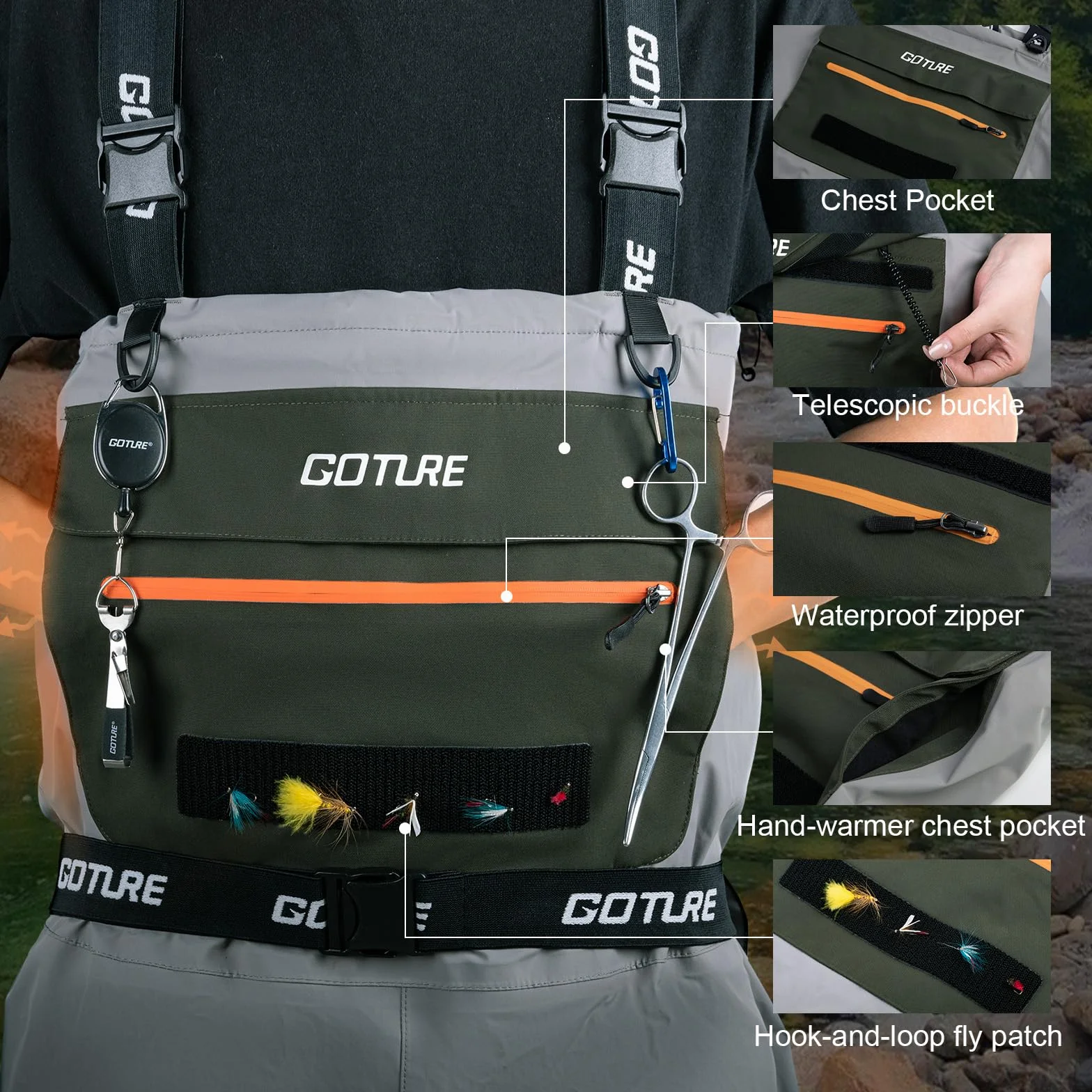 Goture 5-Layer Breathable Stocking Foot Waders & Waist Gear, 5 Sizes | Waterproof Fly Fishing Waders with Handwarmer, Multi-pockets, Waist Belt, Fishing Chest Wader for Men, Ready to Gift