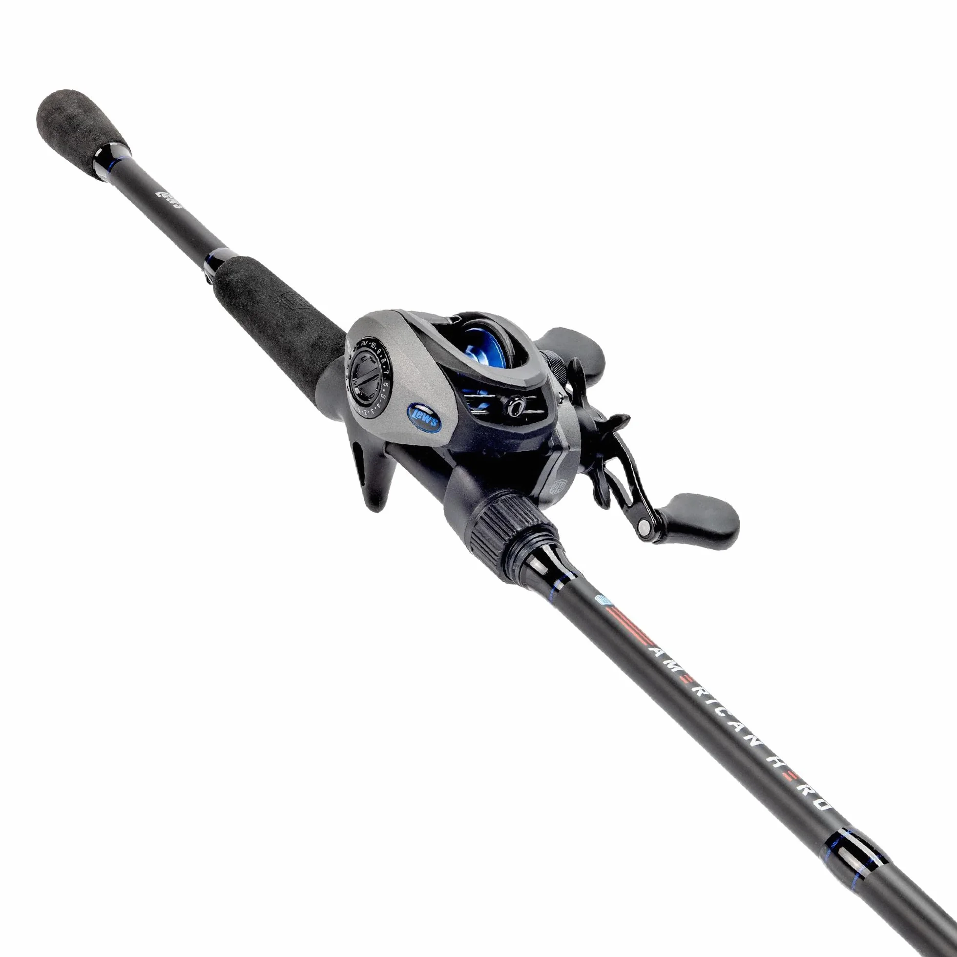 American Hero Baitcast Reel and Fishing Rod Combo, 1-Piece Medium-Heavy Power Fast Action IM6 Graphite Rod, 7.5:1 Gear Ratio, Gray/Black/Blue