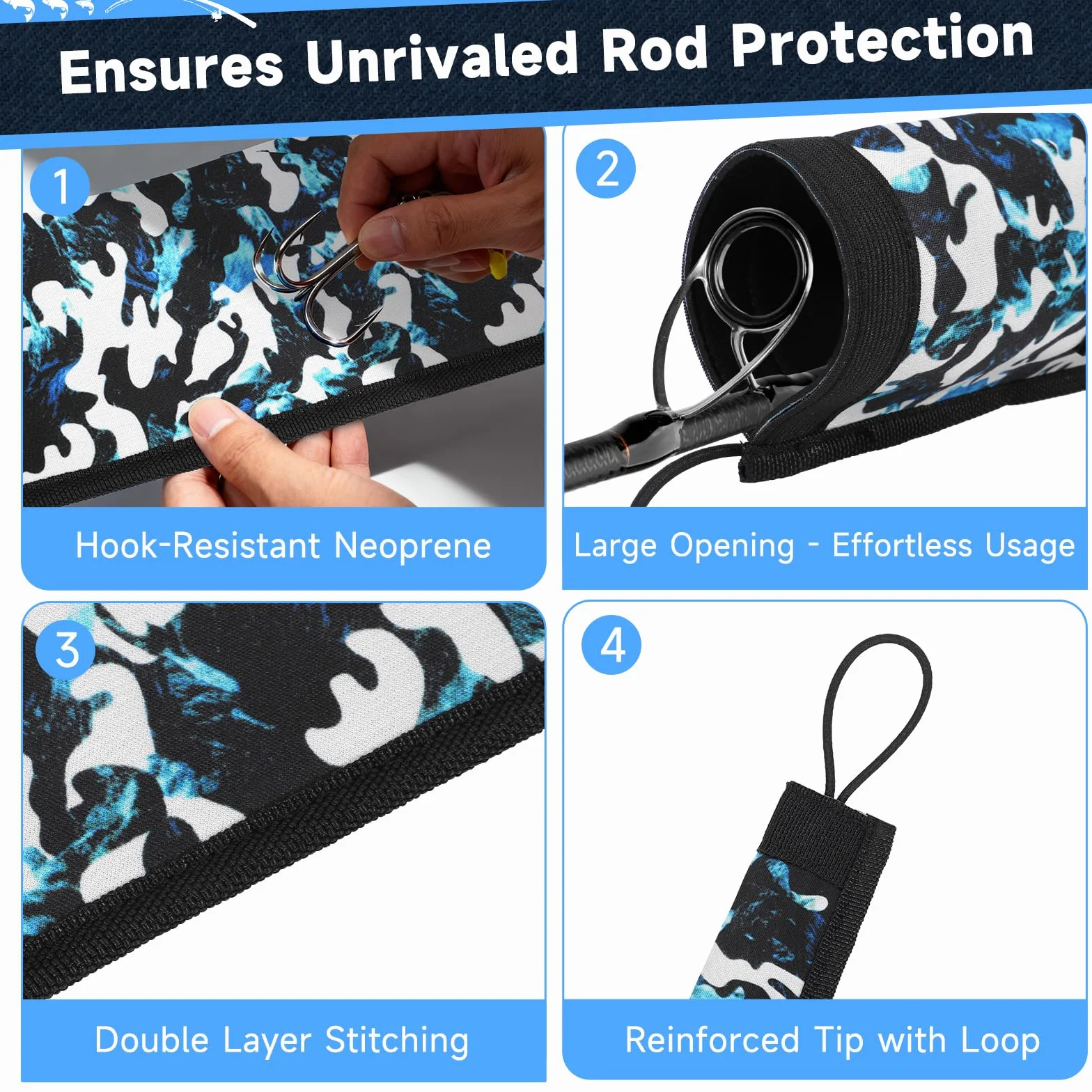 Neoprene Fishing Rod Sleeves, Protective Cover Rod Socks | Fishing Rod Covers for Casting, Spinning, Trolling Pole-with Hanging Loop & Lanyard- Floating, Puncture Resistant, Lightproof