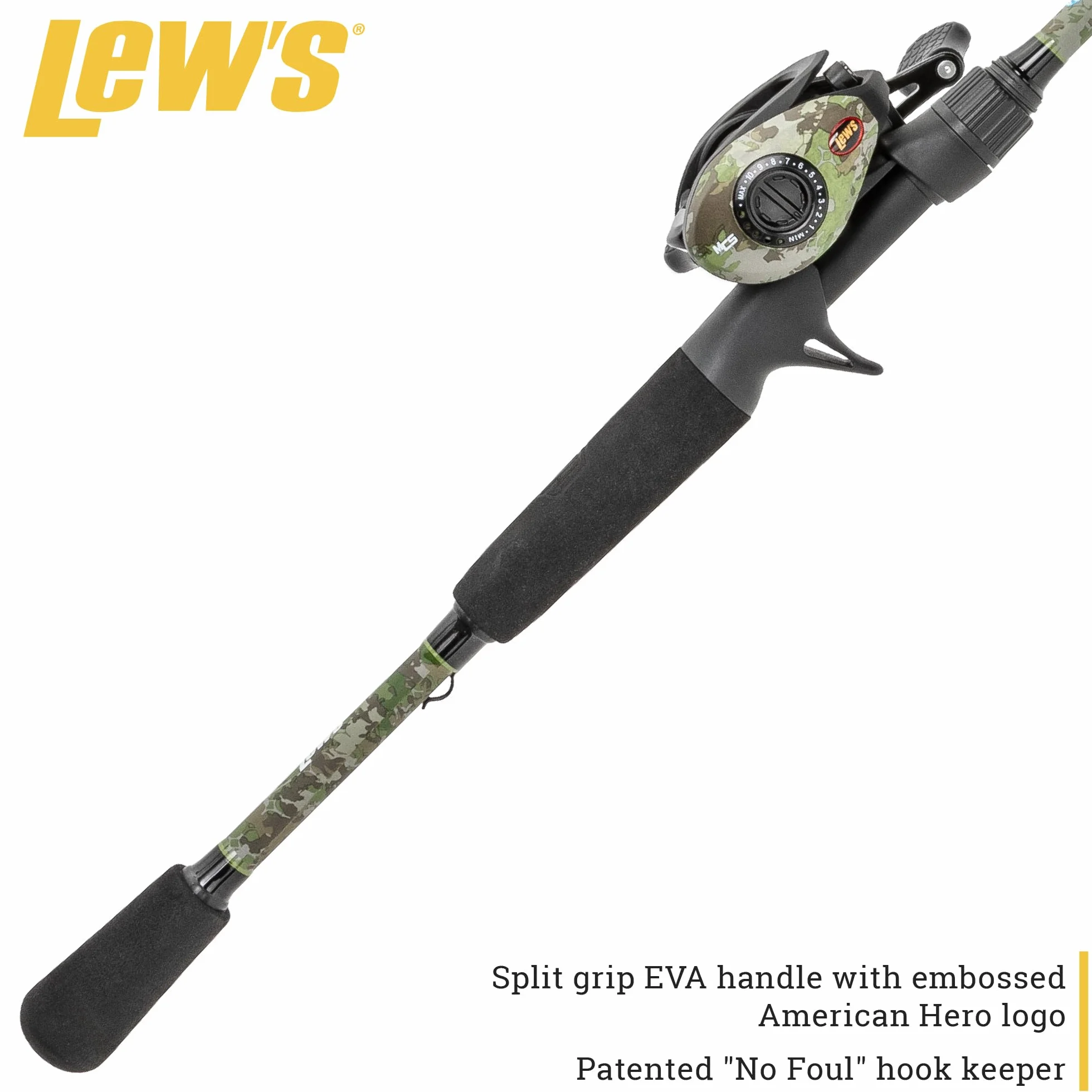 American Hero Camo Baitcast Reel and Fishing Rod Combo, IM7 Graphite Rod, 5+1 Bearings, 7.5:1 Gear Ratio, One-Piece Graphite Frame, Camo/Black