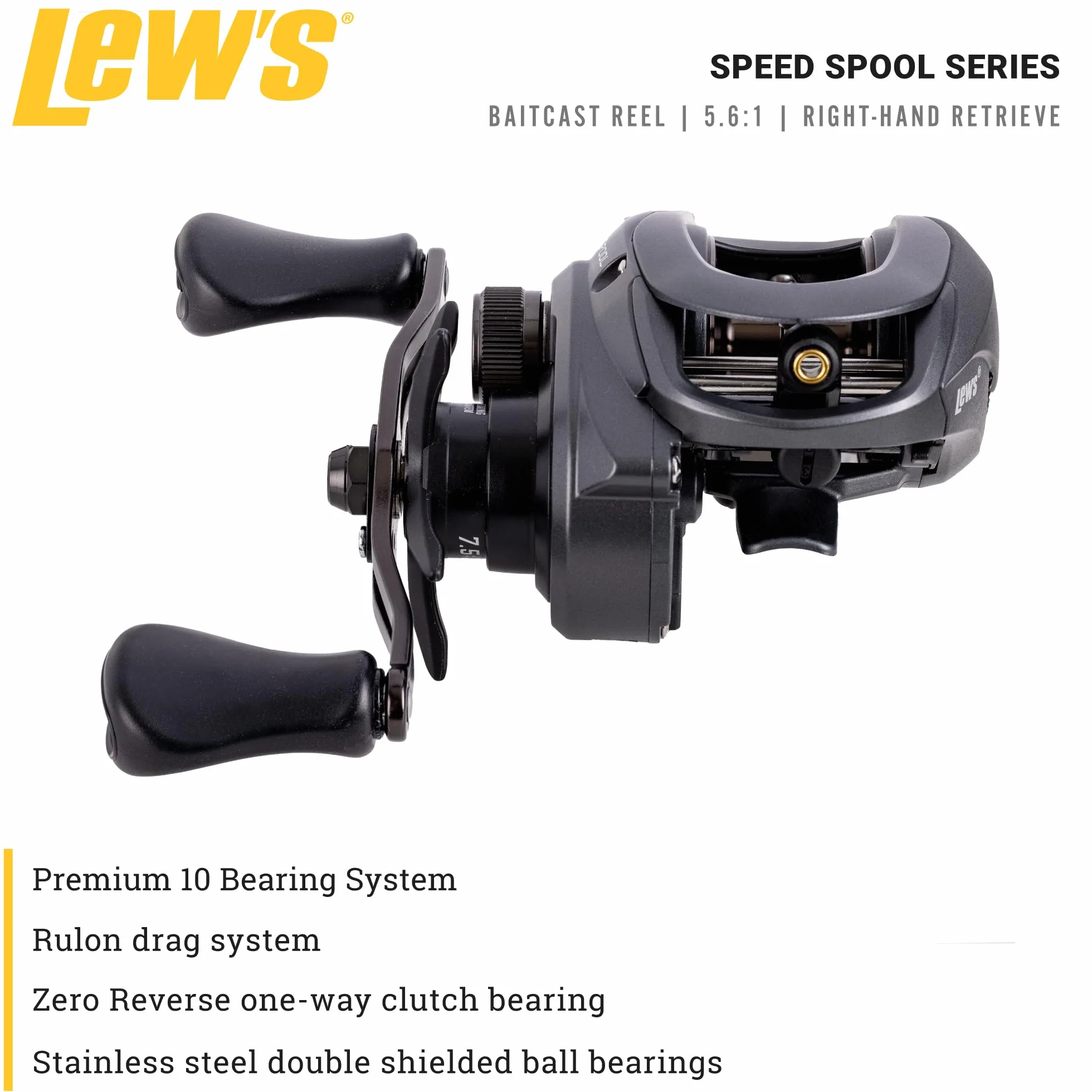 Speed Spool Baitcast Fishing Reel, 9+1 Bearings, 5.6:1 Gear Ratio, Aluminum Frame, Graphite Sideplate, MCS Braking System, Right-Hand Retrieve