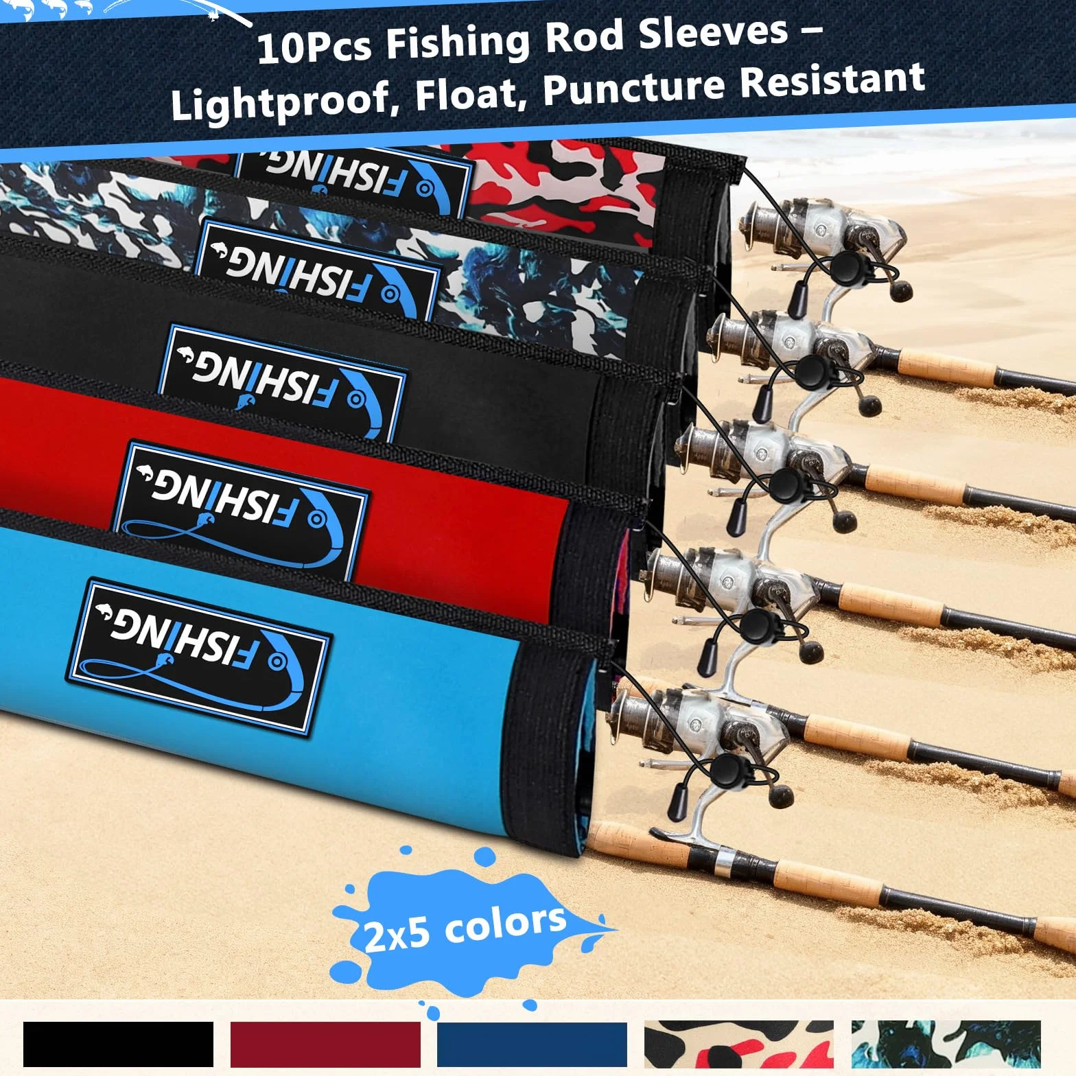 Neoprene Fishing Rod Sleeves, Protective Cover Rod Socks | Fishing Rod Covers for Casting, Spinning, Trolling Pole-with Hanging Loop & Lanyard- Floating, Puncture Resistant, Lightproof