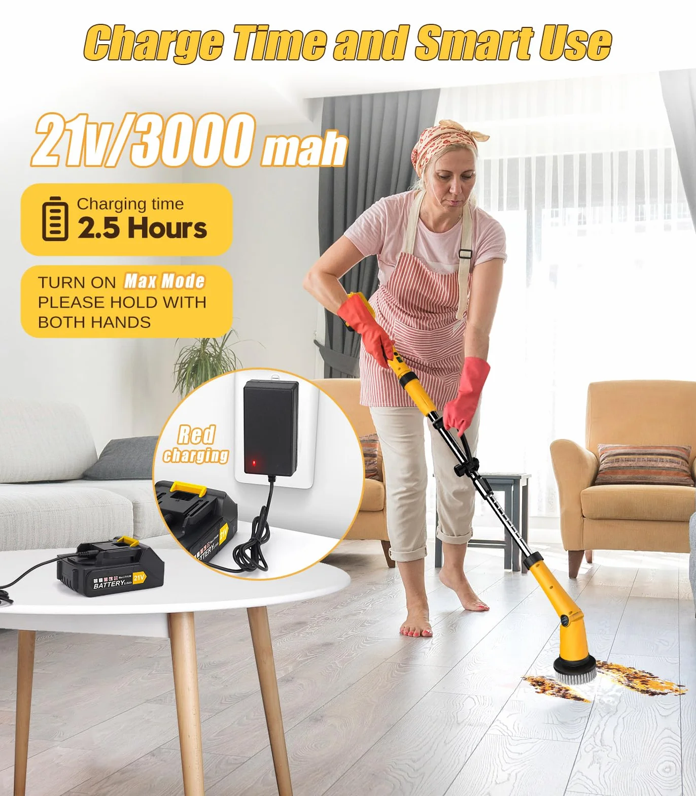 Electric Spin Scrubber Q3, 6000mAh, Extra-Large Brush Head, 1200RPM | Floor Scrubber Machine with Long Handle, Cordless Cleaning Brush, 8 Brush Heads and Smart Display for Showers, Tubs and Tile