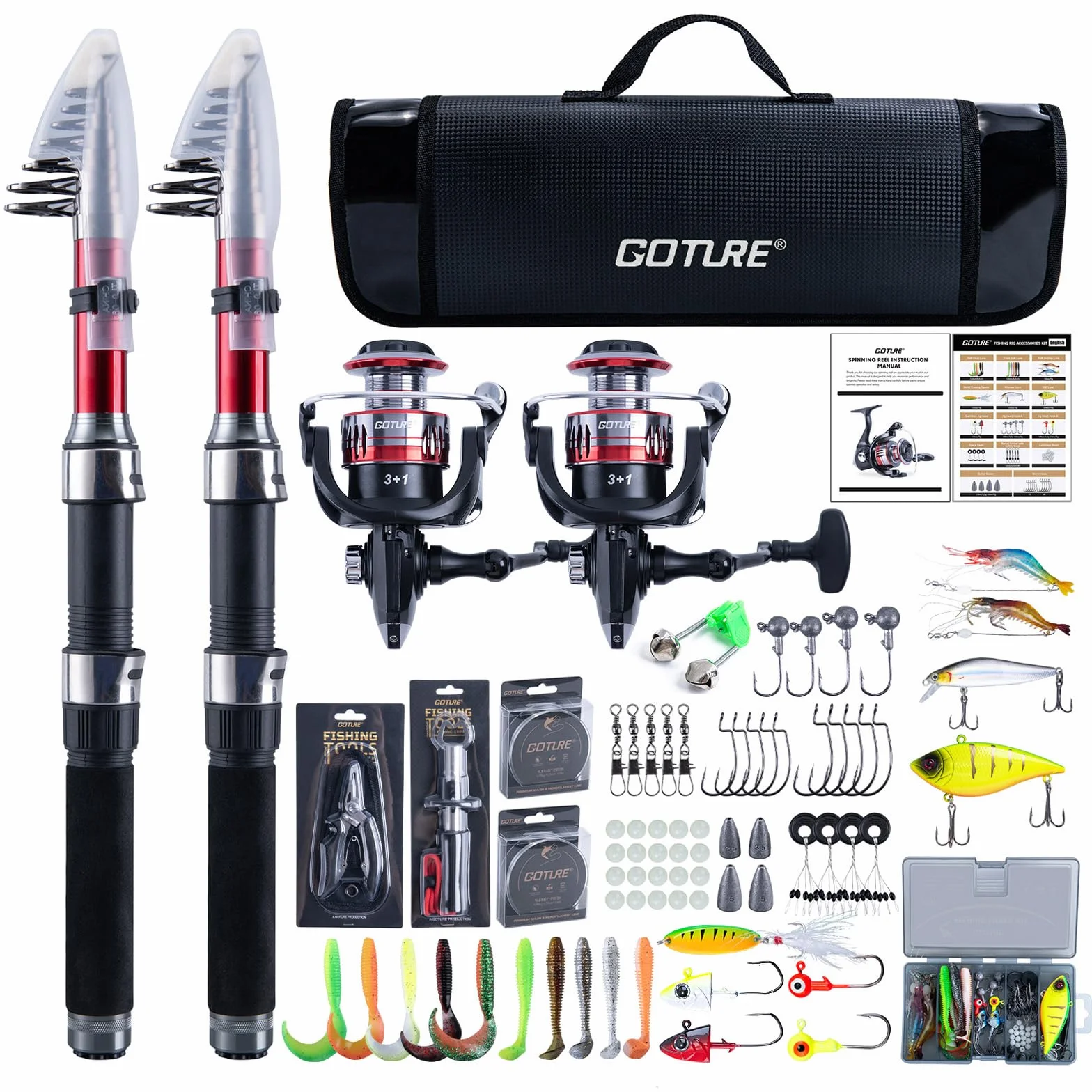 2-Pack 2.1M Fishing Rod and Reel Combo with Carrier Bag | 2PCS Telescopic Fishing Pole,2PCS Spinning Reel,Line,Lures,Pliers,Gripper, for Saltwater and Freshwater Travel,Starter Kit