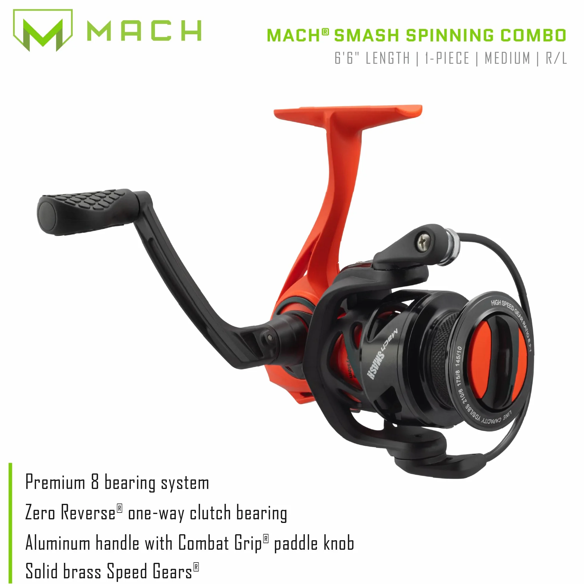 MACH Smash Spinning Reel and Fishing Rod Combo, high modulus graphite Blank Fishing Rod, Right or Left-Hand Retrieve, Split Grip Dri-Tac Handle and EVA Base