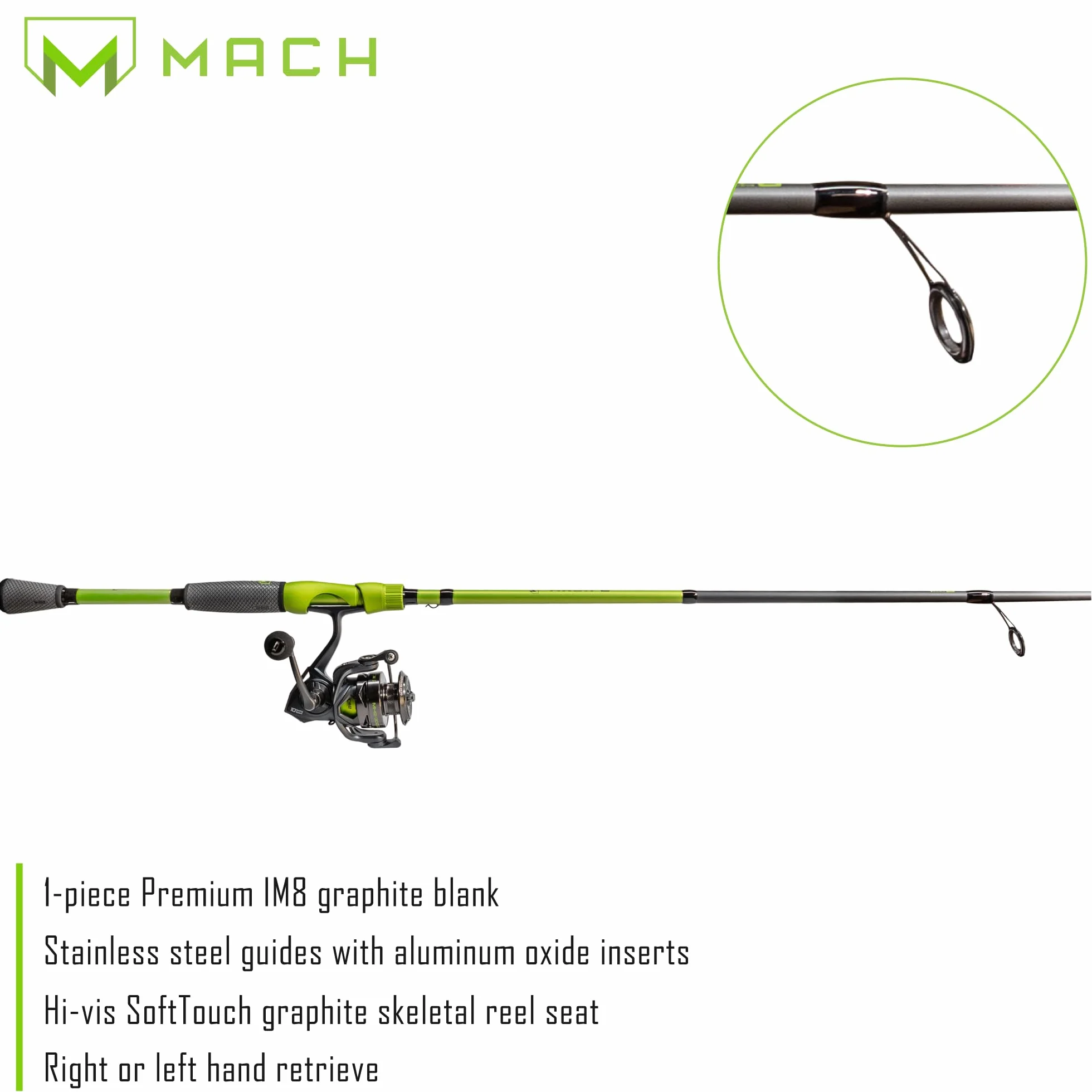 MACH 2 Spinning Reel and Fishing Rod Combo, IM8 Graphite Blank Fishing Rod, Right or Left-Hand Retrieve, Winn Dri-Tac Ultra Handle, Black/Green