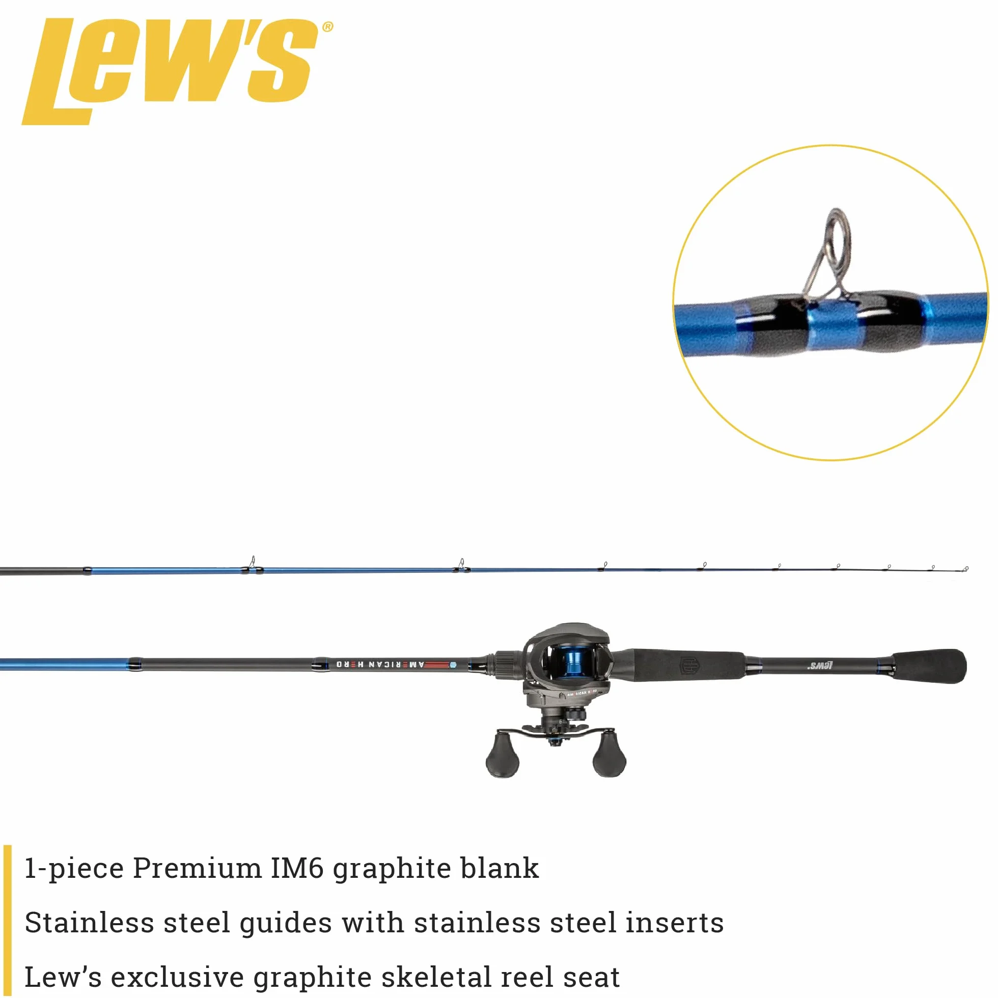 American Hero Baitcast Reel and Fishing Rod Combo, 1-Piece Medium-Heavy Power Fast Action IM6 Graphite Rod, 7.5:1 Gear Ratio, Gray/Black/Blue