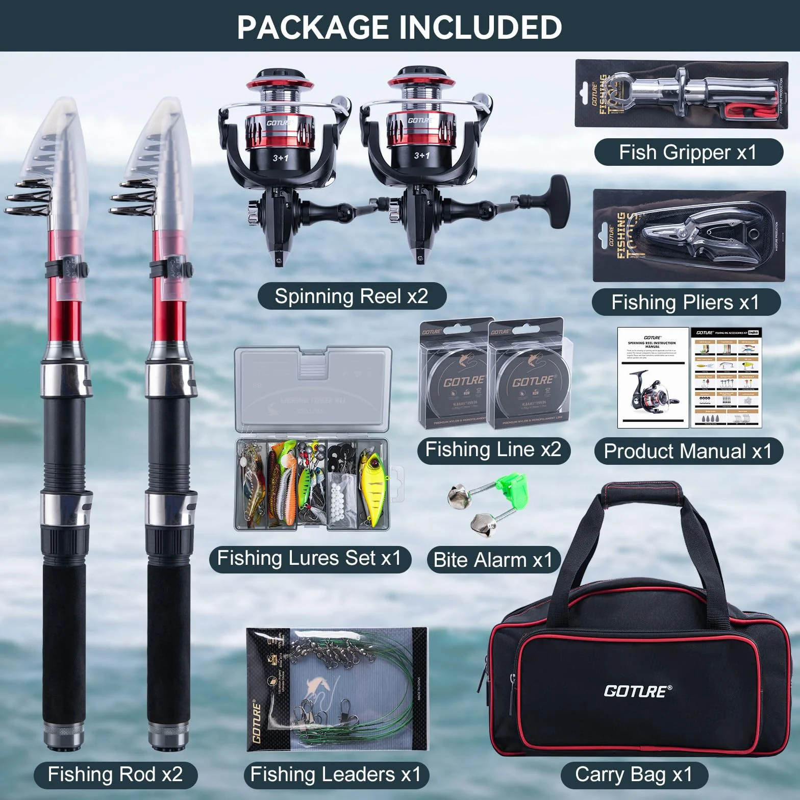 2-Pack Fishing Rod and Reel Combo with Carrier Bag,1.8M-2.7M | 2PCS Telescopic Fishing Pole,2PCS Spinning Reel,Line,Lures,Pliers,Gripper, for Saltwater and Freshwater Travel,Starter Kit