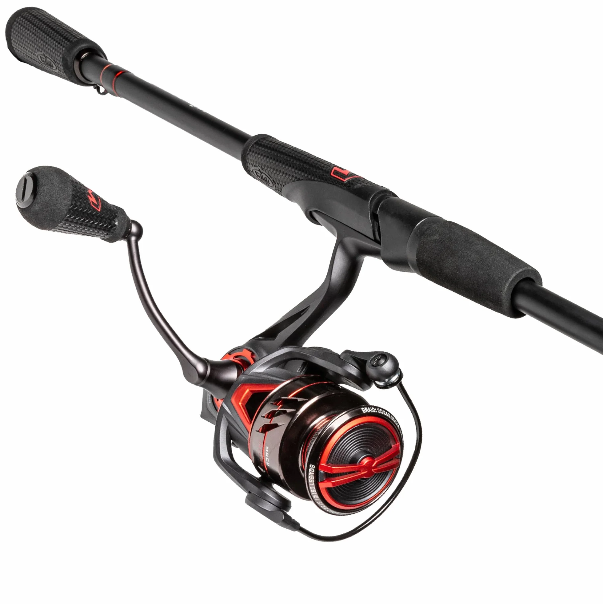 MACH Jacked Spinning Reel and Fishing Rod Combo, HM50 Graphite Rod, Tanso Tech Frame, Black/Red