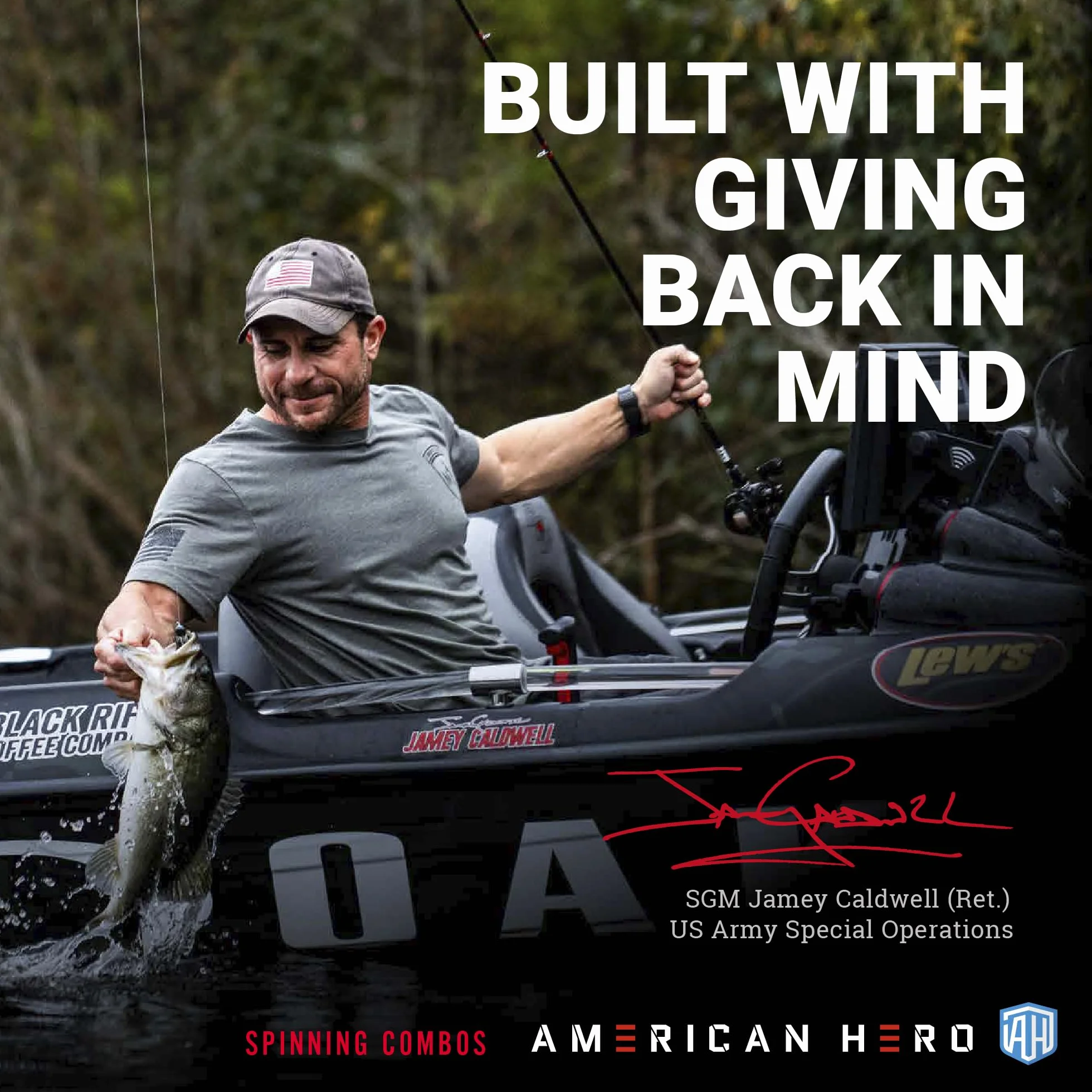 American Hero Camo Spinning Reel and Fishing Rod Combo, IM7 Graphite Rod, Interchangeable Retrieve, Camo/Black