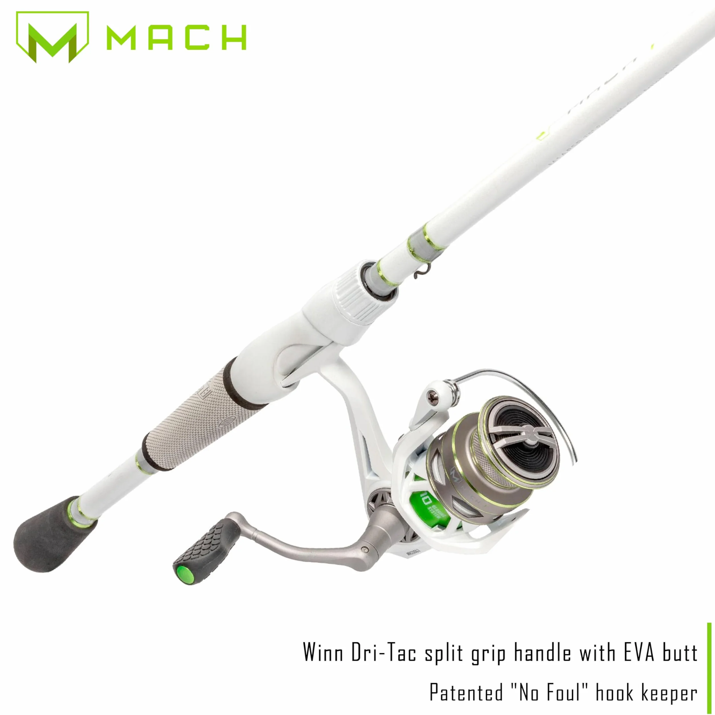 MACH 1 Spinning Fishing Reel, 9+1 Bearings, Graphite Frame, Speed Gears, Speed Lube, Multi-Disc Drag, Metallic White/Gray/Green