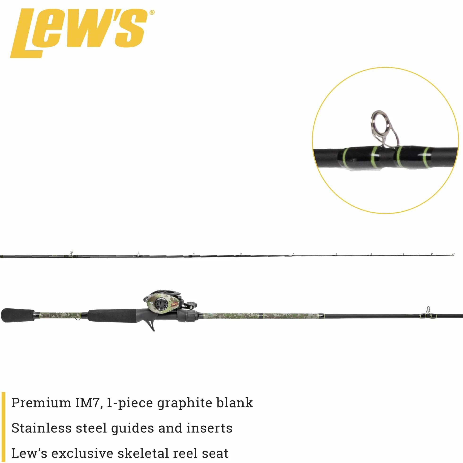 American Hero Camo Baitcast Reel and Fishing Rod Combo, IM7 Graphite Rod, 5+1 Bearings, 7.5:1 Gear Ratio, One-Piece Graphite Frame, Camo/Black