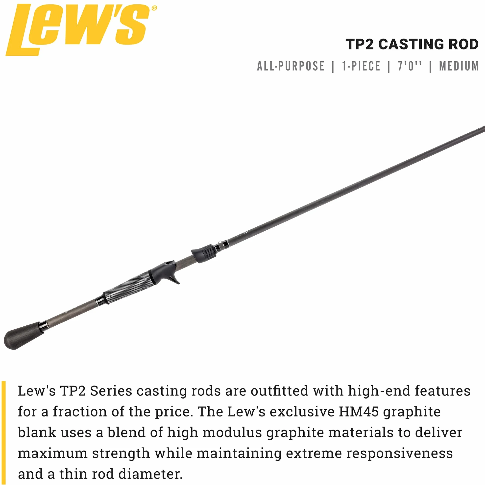 TP2 Casting Fishing Rod, All-Purpose Model, 7-Foot, 1-Piece HM45 Graphite Rod with Medium Power and Fast Action, Dri-Tac Split-Grip, SoftTouch Reel Seat, Black/Gray