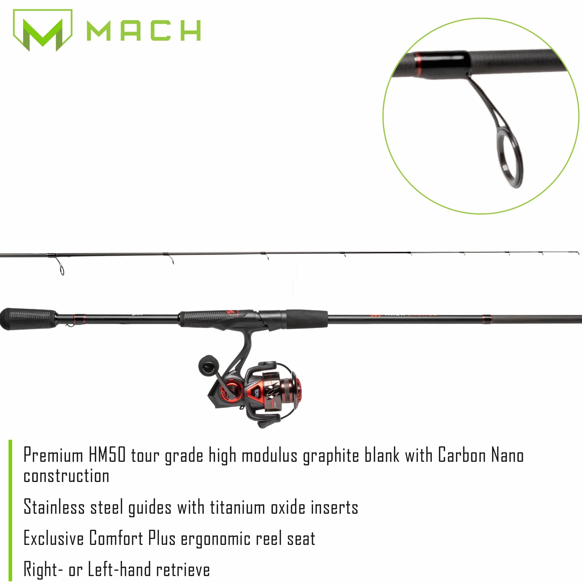 MACH Jacked Spinning Reel and Fishing Rod Combo, HM50 Graphite Rod, Tanso Tech Frame, Black/Red