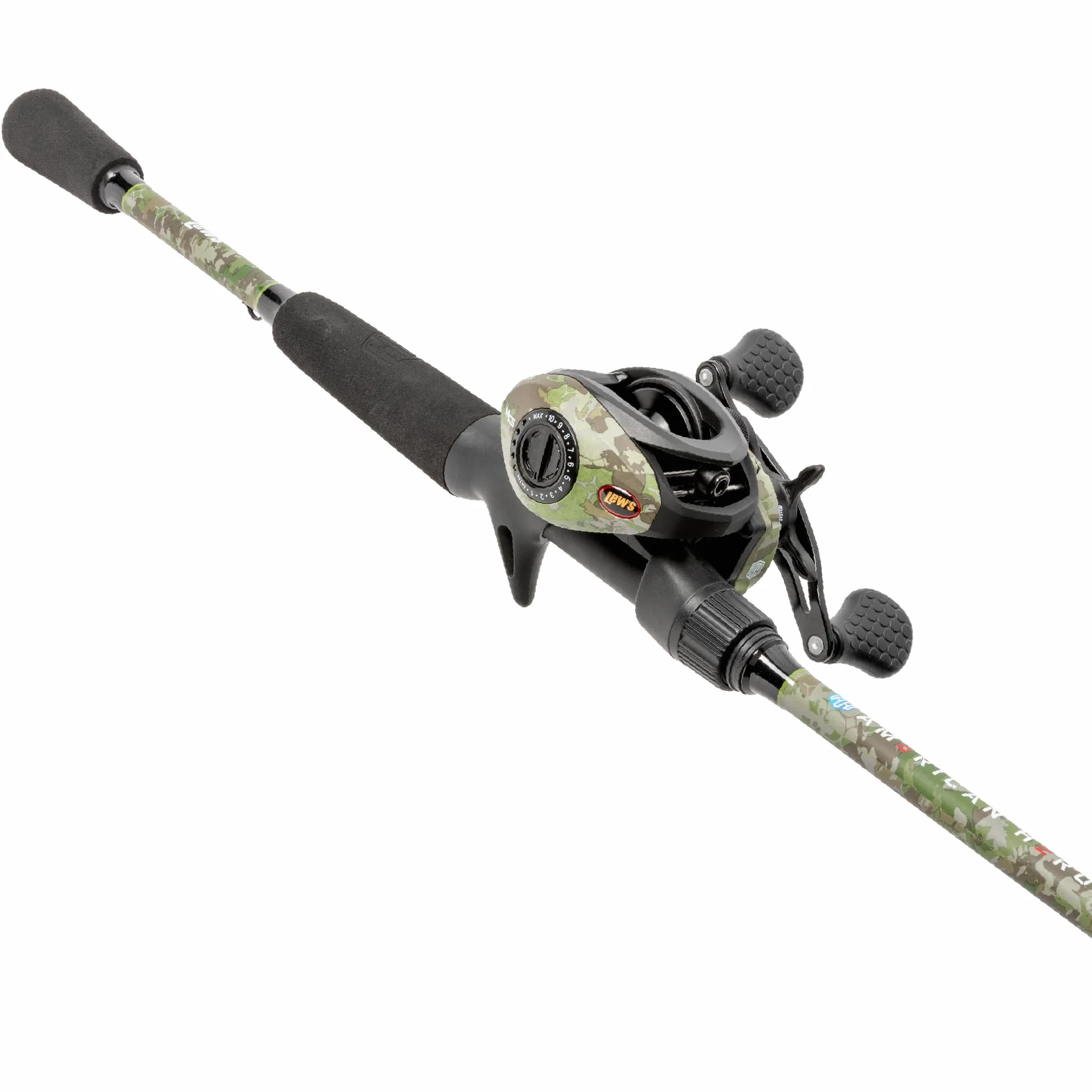 American Hero Camo Baitcast Reel and Fishing Rod Combo, IM7 Graphite Rod, 5+1 Bearings, 7.5:1 Gear Ratio, One-Piece Graphite Frame, Camo/Black
